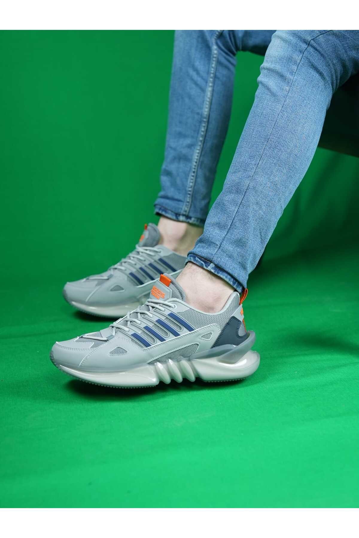Gri Mavi Erkek Seffaf Taban Dört Çizgi Rahat Günlük Sneaker Wsb0680