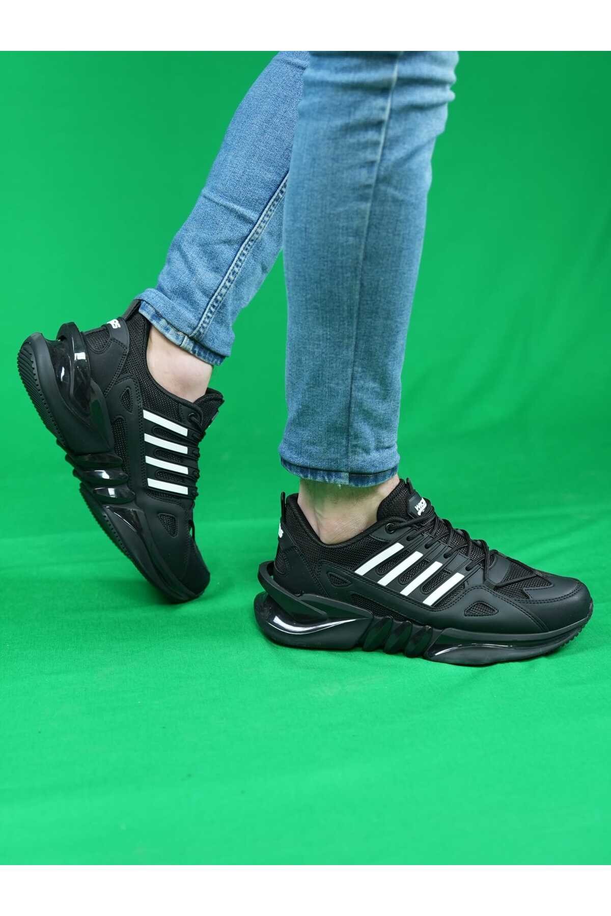 Siyah Erkek Seffaf Taban Dört Çizgi Rahat Günlük Sneaker Wsb0680
