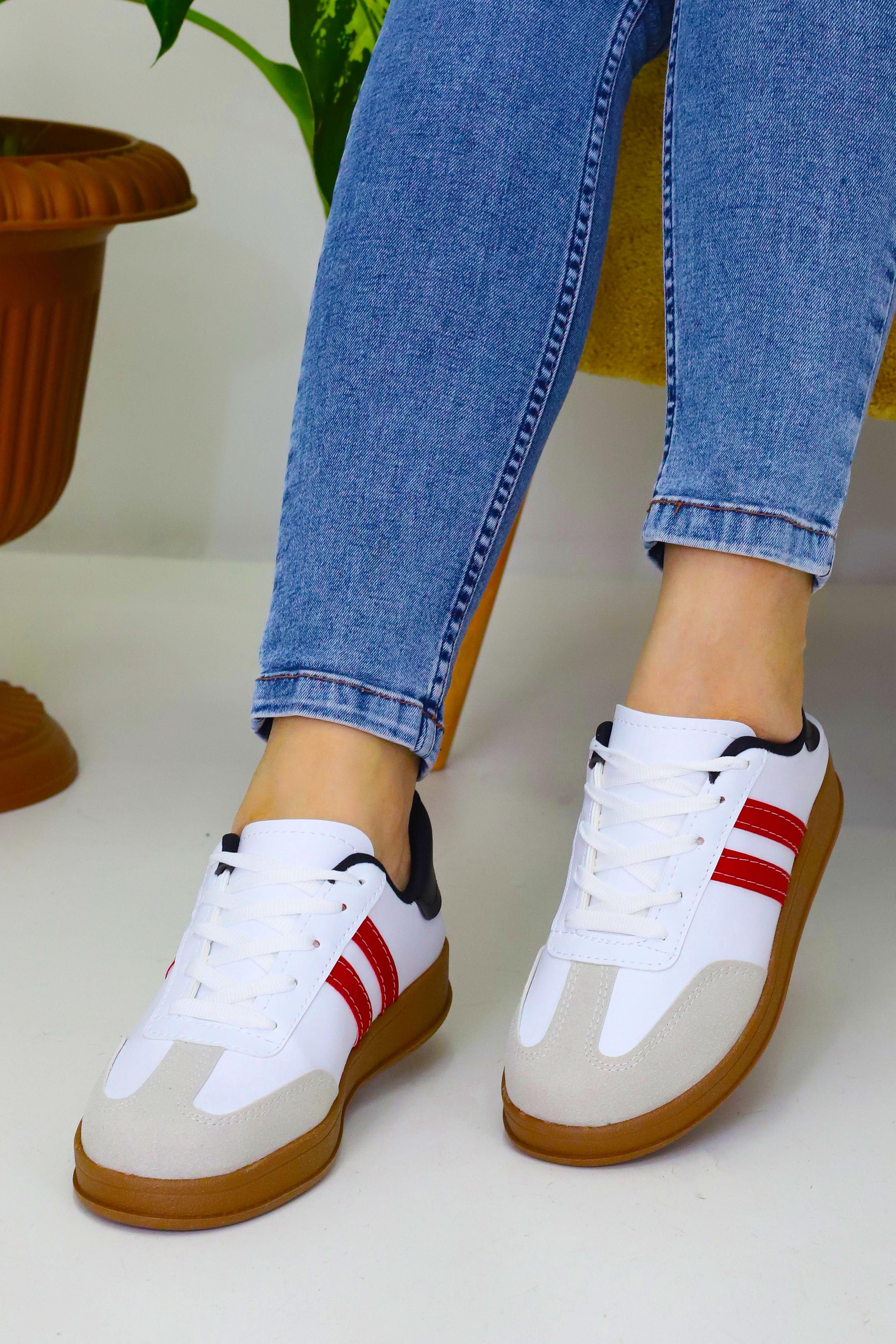 Unisex Kırmızı 2 Şeritli Kahve Tabanlı Günlük Spor Ayakkabı WSB4072