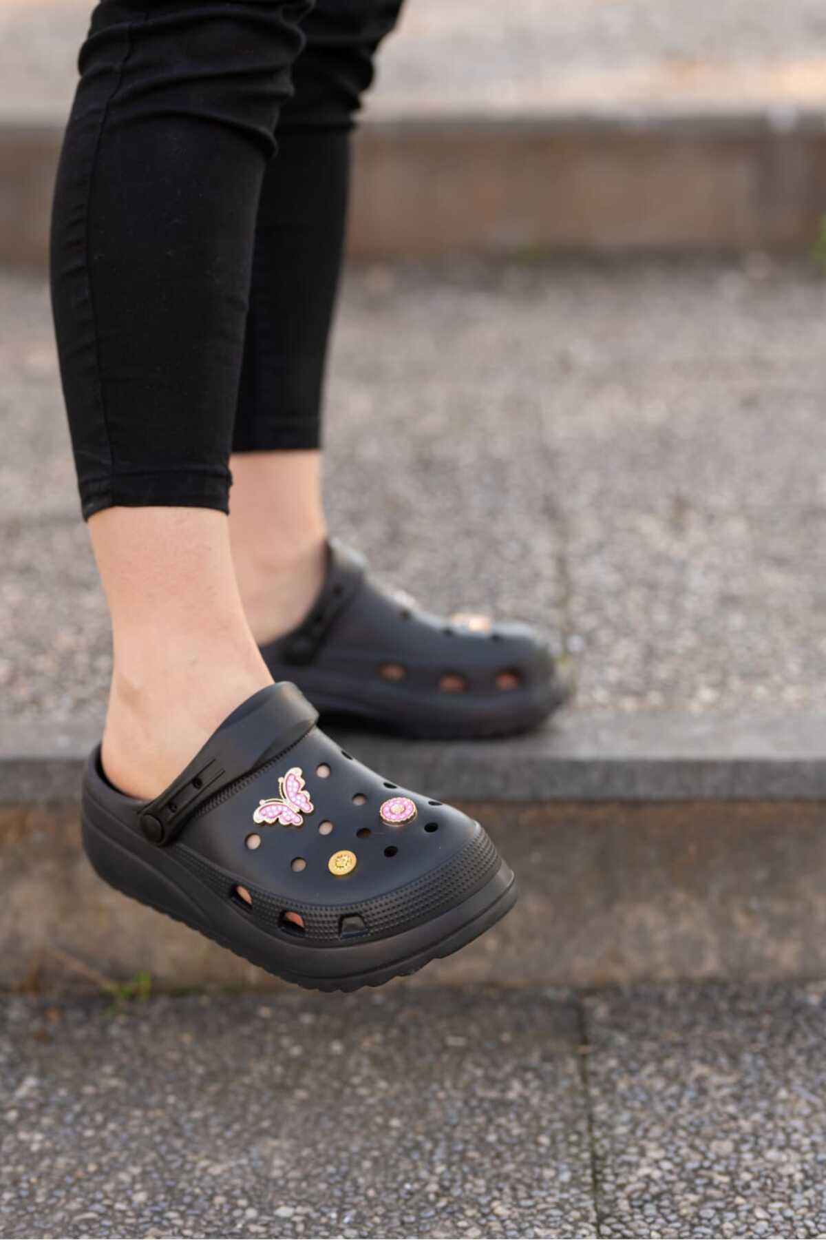 Siyah Kadın Yüksek Tabanlı Sabo Taşlı Terlik Wsb0700