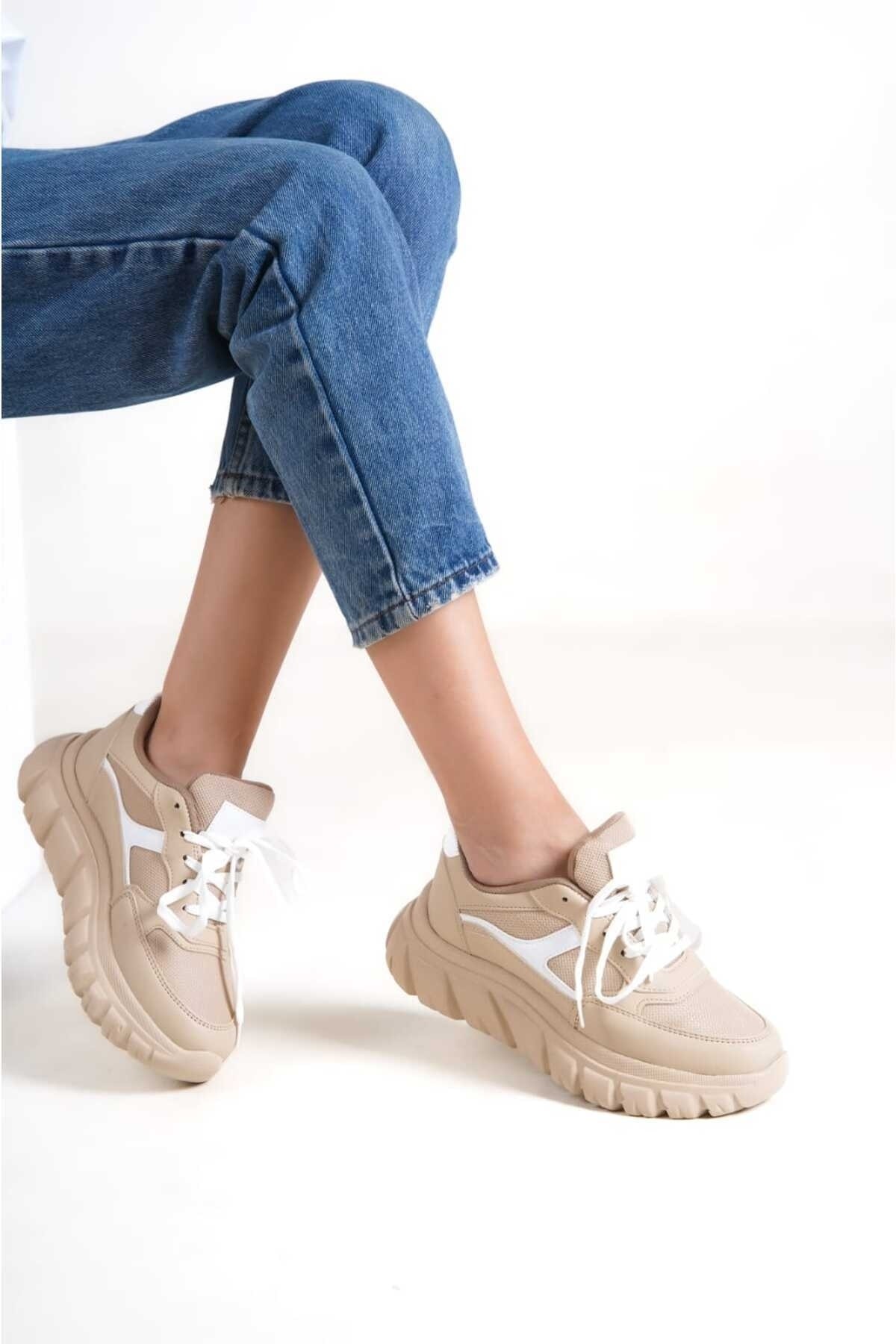 Krem Kadın Bağıcıklı Fileli Günlük Sneaker Spor Ayakkabı Wsb0474