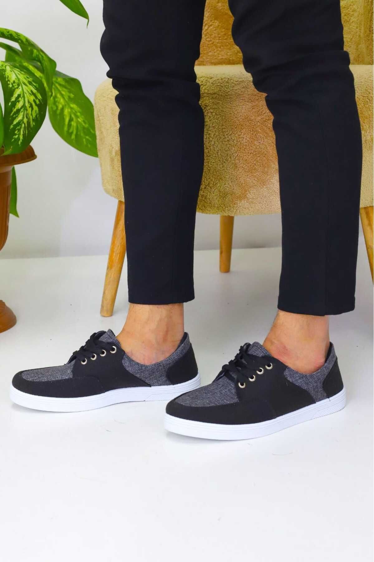 Erkek Siyah Keten Rahat Günlük Sneaker WSB4068