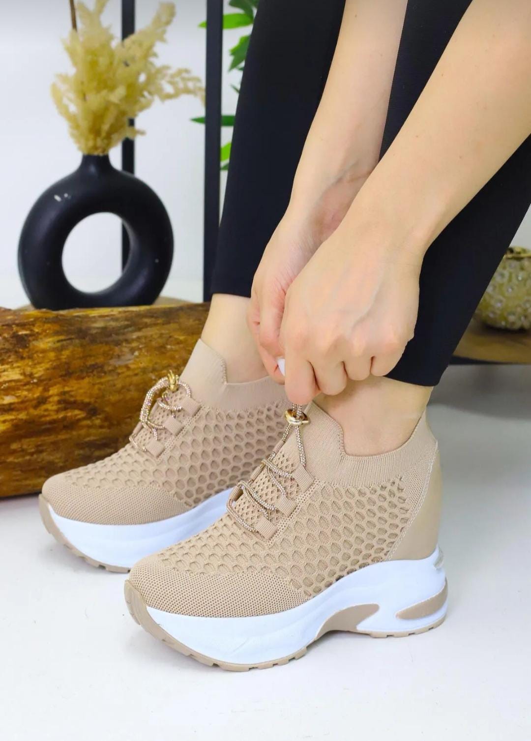 Kadın Krem Triko 10 cm Gizli Topuk Spor Ayakkabı WSB4086