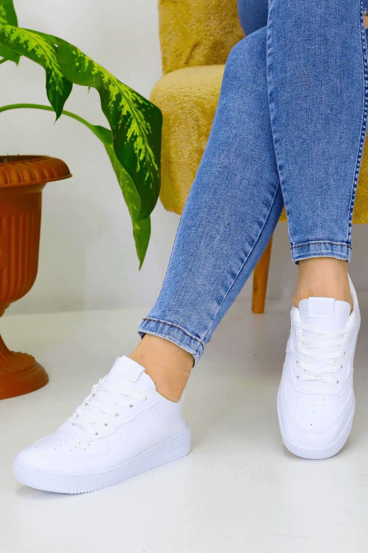 Unisex Beyaz 2 Şerit Bağcıklı Günlük Spor Ayakkabı WSB4082