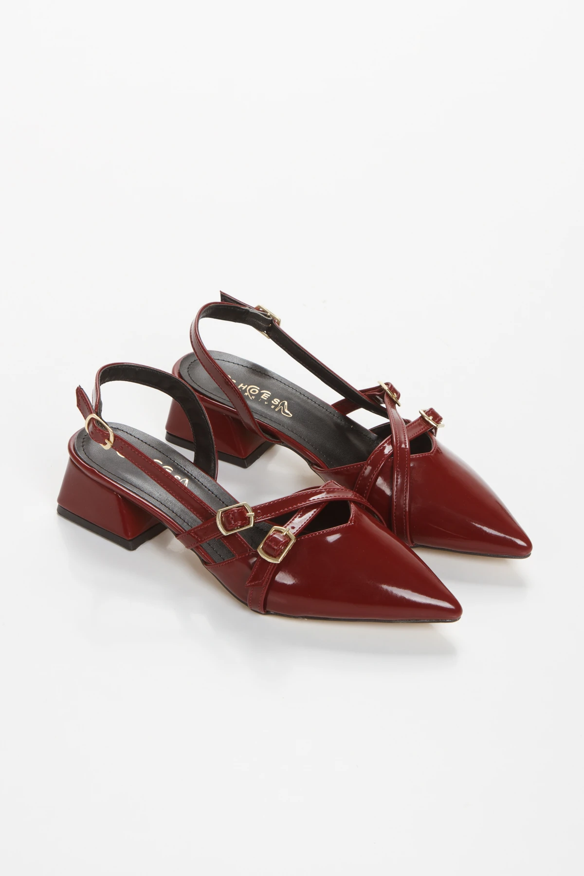 Kadın Bordo Rugan Çift Toka 4 Cm Topuklu Günlük Klasik Ayakkabı WSB3042