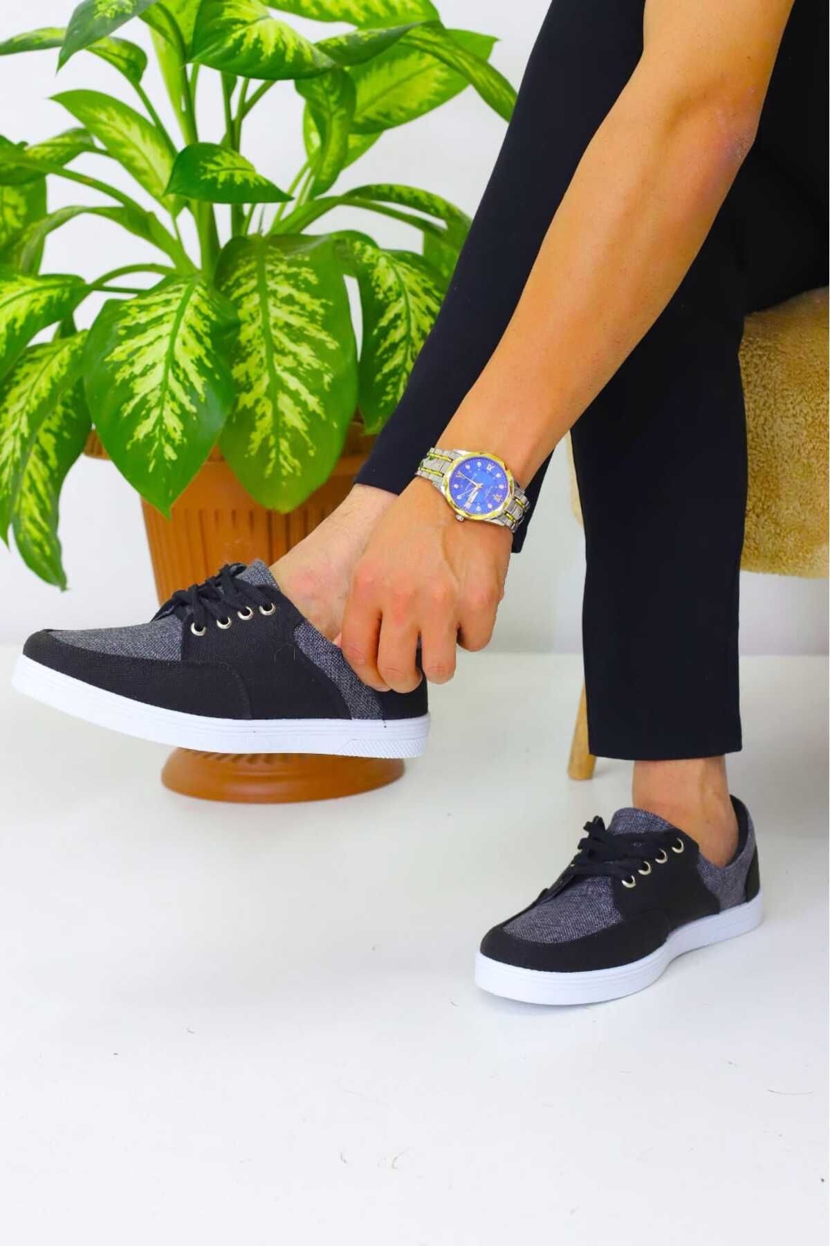 Erkek Siyah Keten Rahat Günlük Sneaker WSB4068