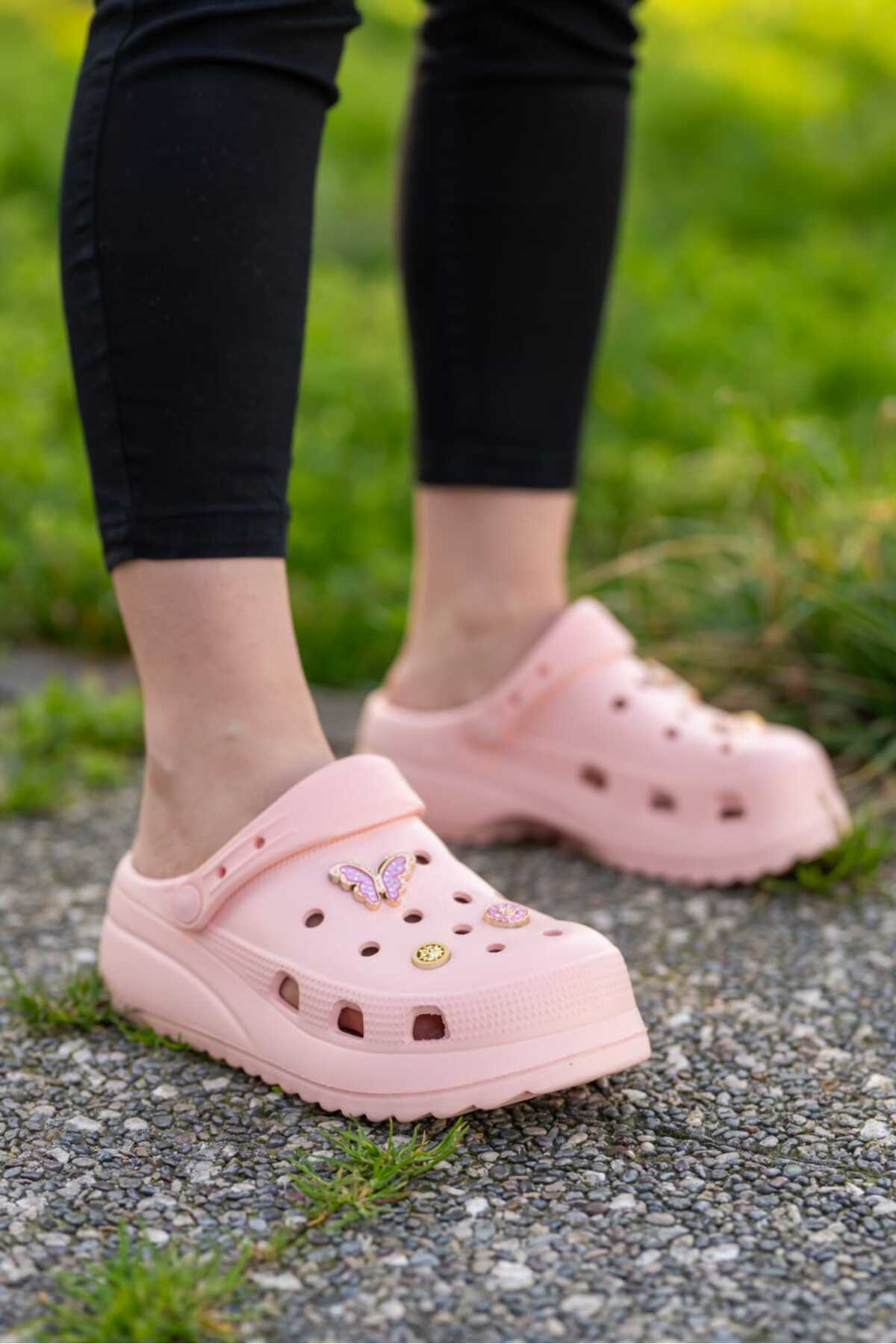 Pembe Kadın Yüksek Tabanlı Sabo Taşlı Terlik Wsb0700