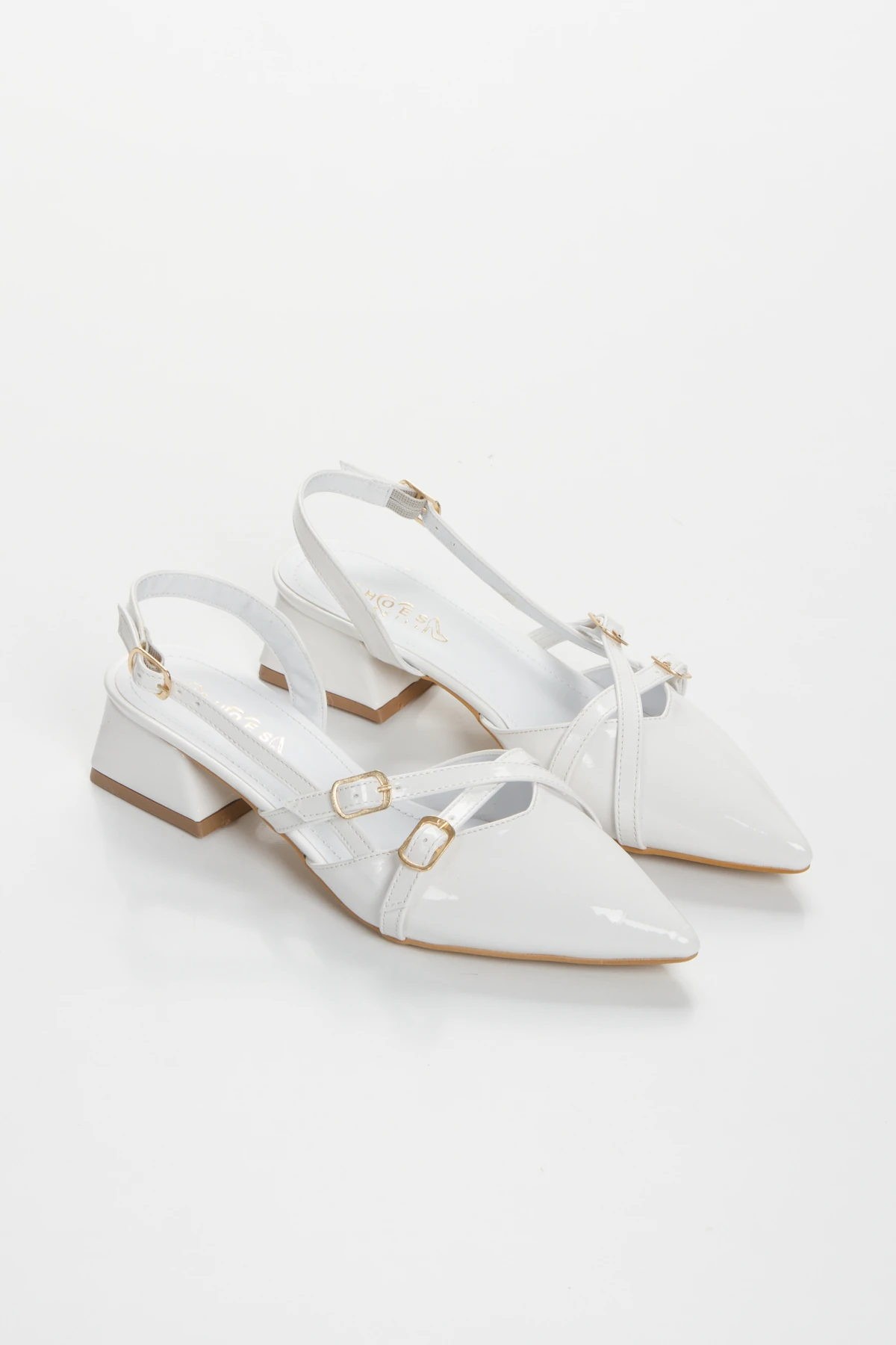 Kadın Beyaz Rugan Çift Toka 4 Cm Topuklu Günlük Klasik Ayakkabı WSB3042