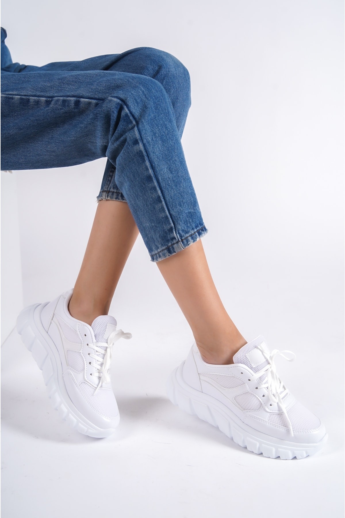 Beyaz Beyaz Kadın Bağıcıklı Fileli Günlük Sneaker Spor Ayakkabı Wsb0474