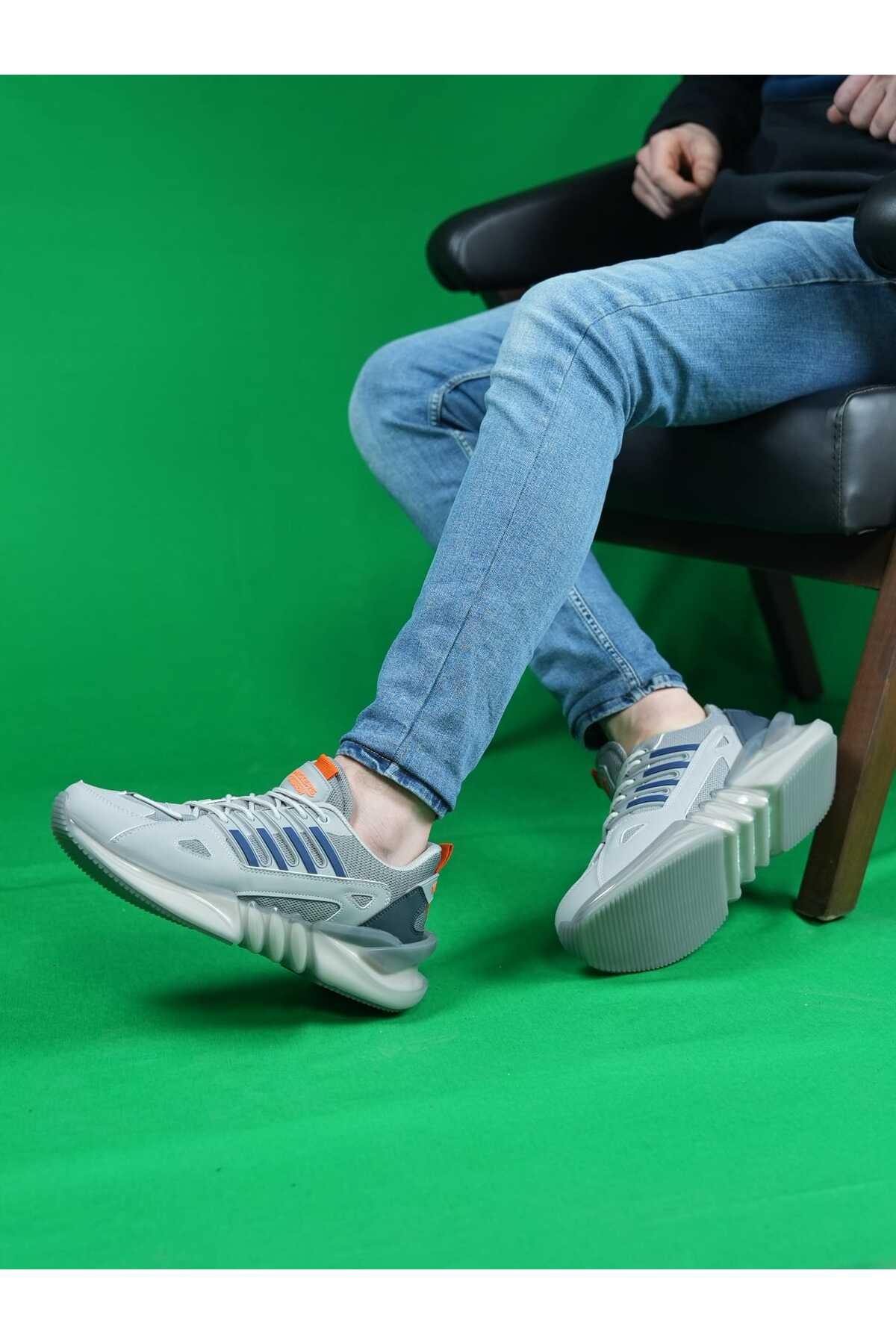 Gri Mavi Erkek Seffaf Taban Dört Çizgi Rahat Günlük Sneaker Wsb0680