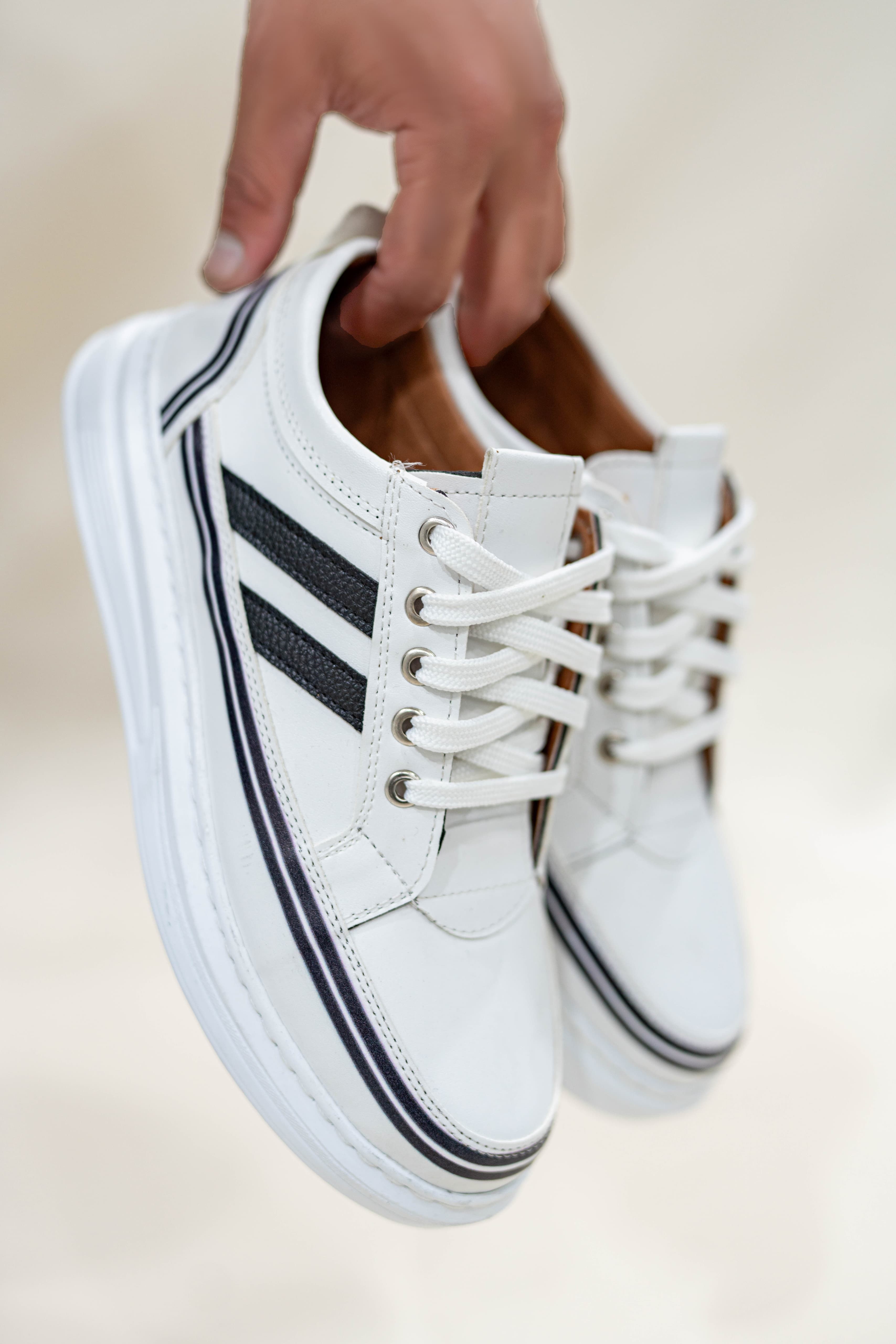 Beyaz Erkek Çizgili Bağcıklı Günlük Casual Ayakkabı Sneaker Wsb4048