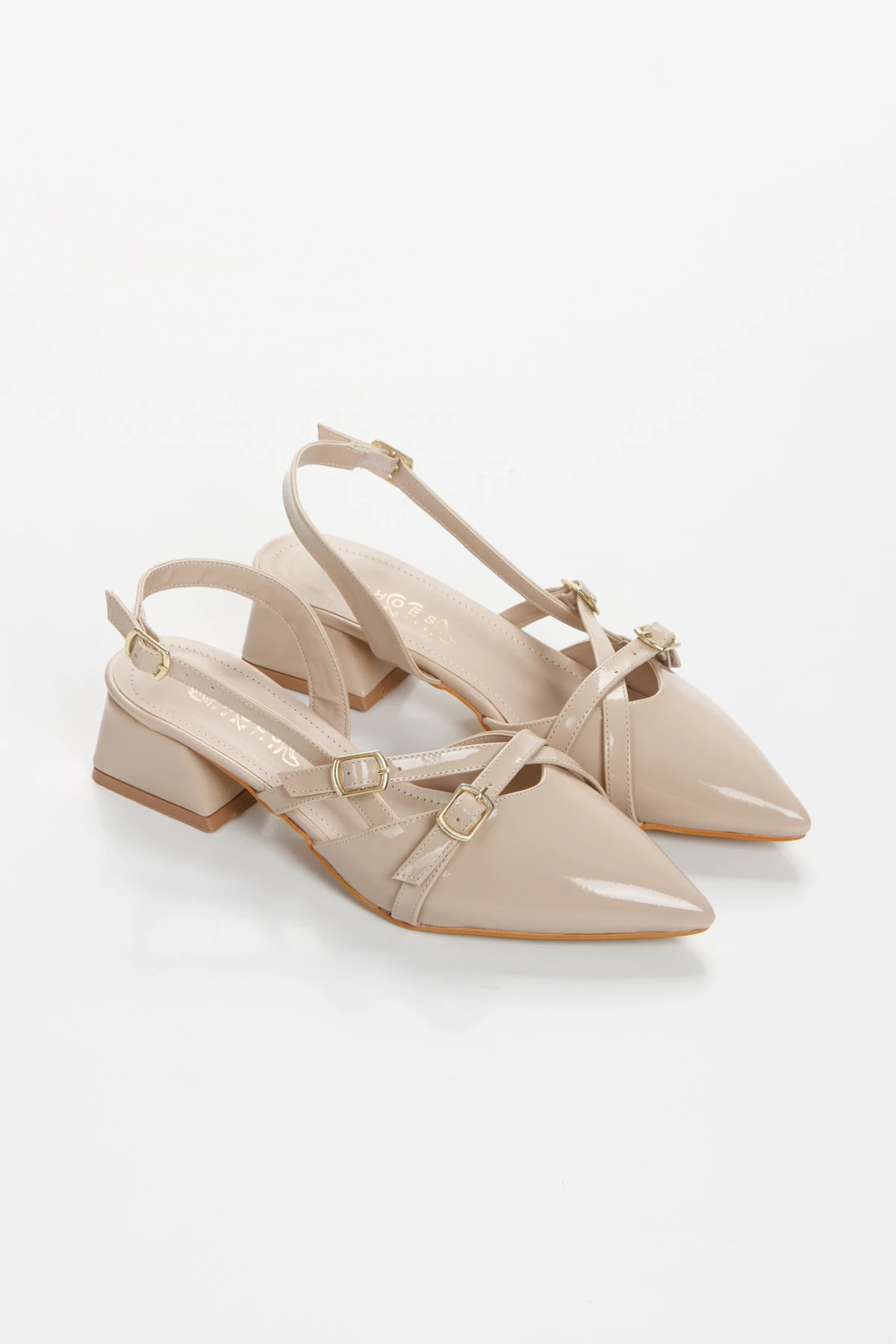 Kadın Bej Rugan Çift Toka 4 Cm Topuklu Günlük Klasik Ayakkabı WSB3042