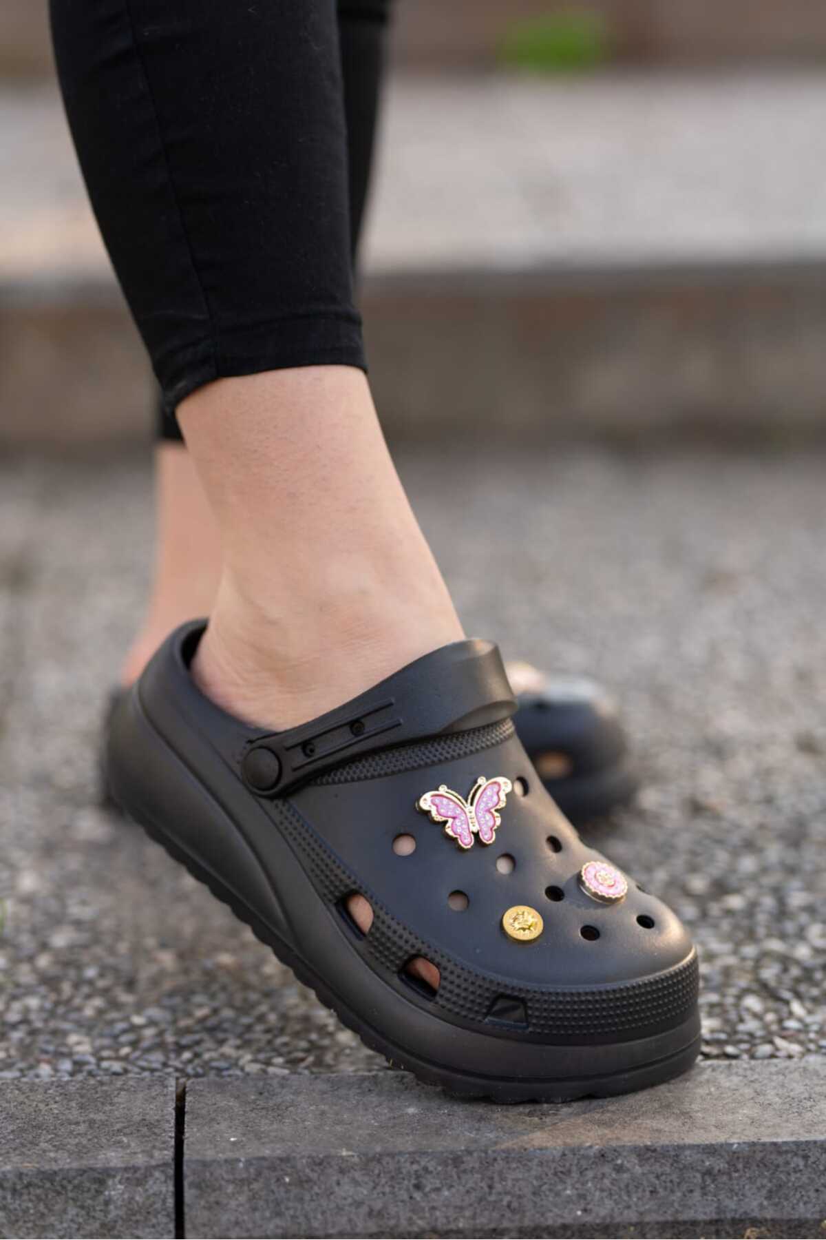 Siyah Kadın Yüksek Tabanlı Sabo Taşlı Terlik Wsb0700