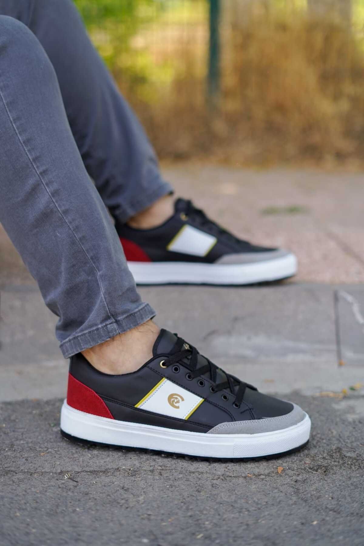 Siyah Kırmızı Erkek Rahat Düz Taban Sneaker Wsb0546