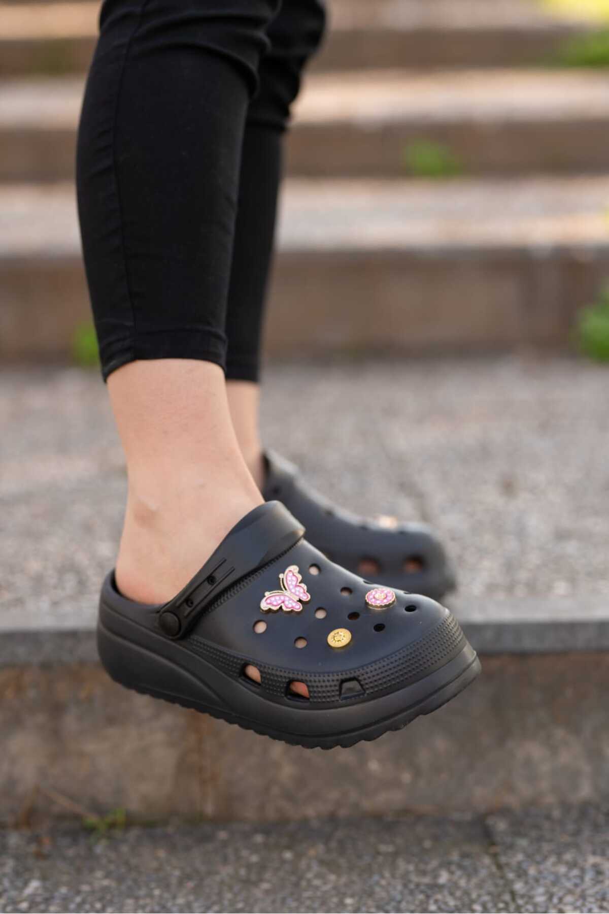 Siyah Kadın Yüksek Tabanlı Sabo Taşlı Terlik Wsb0700