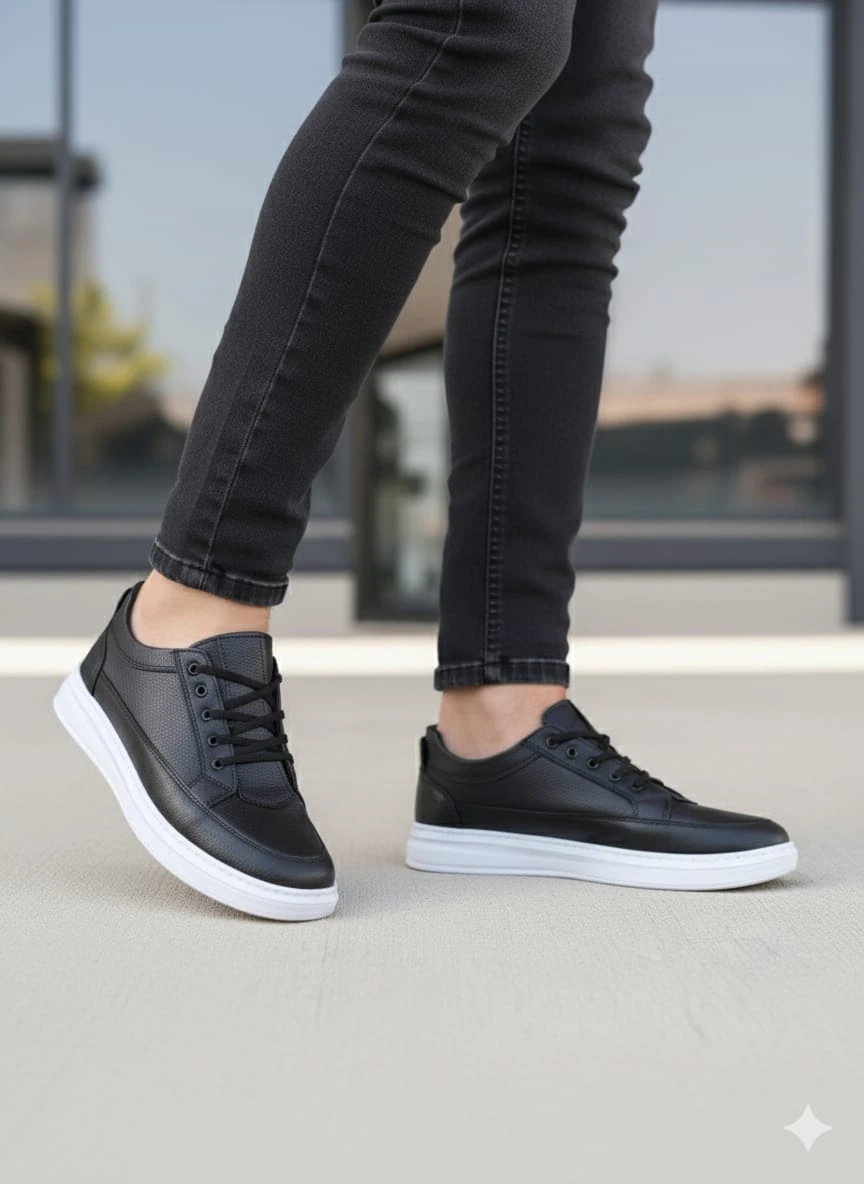 Erkek Siyah Beyaz Günlük Dikişli Hafif Poli Taban Spor Ayakkabı WSB4124