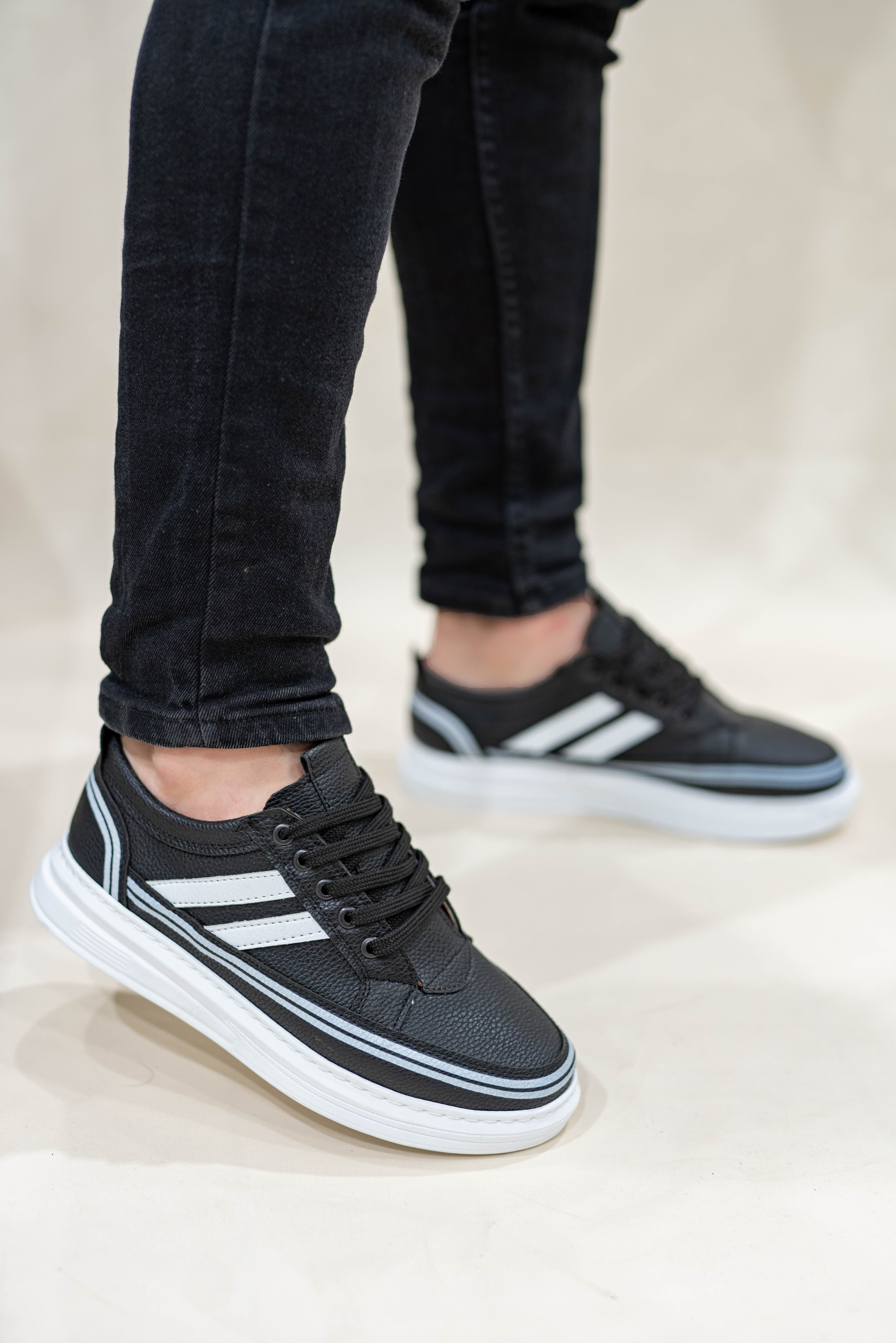 Erkek  Çizgili Bağcıklı Günlük Casual Ayakkabı Sneaker WSB4048 - siyah