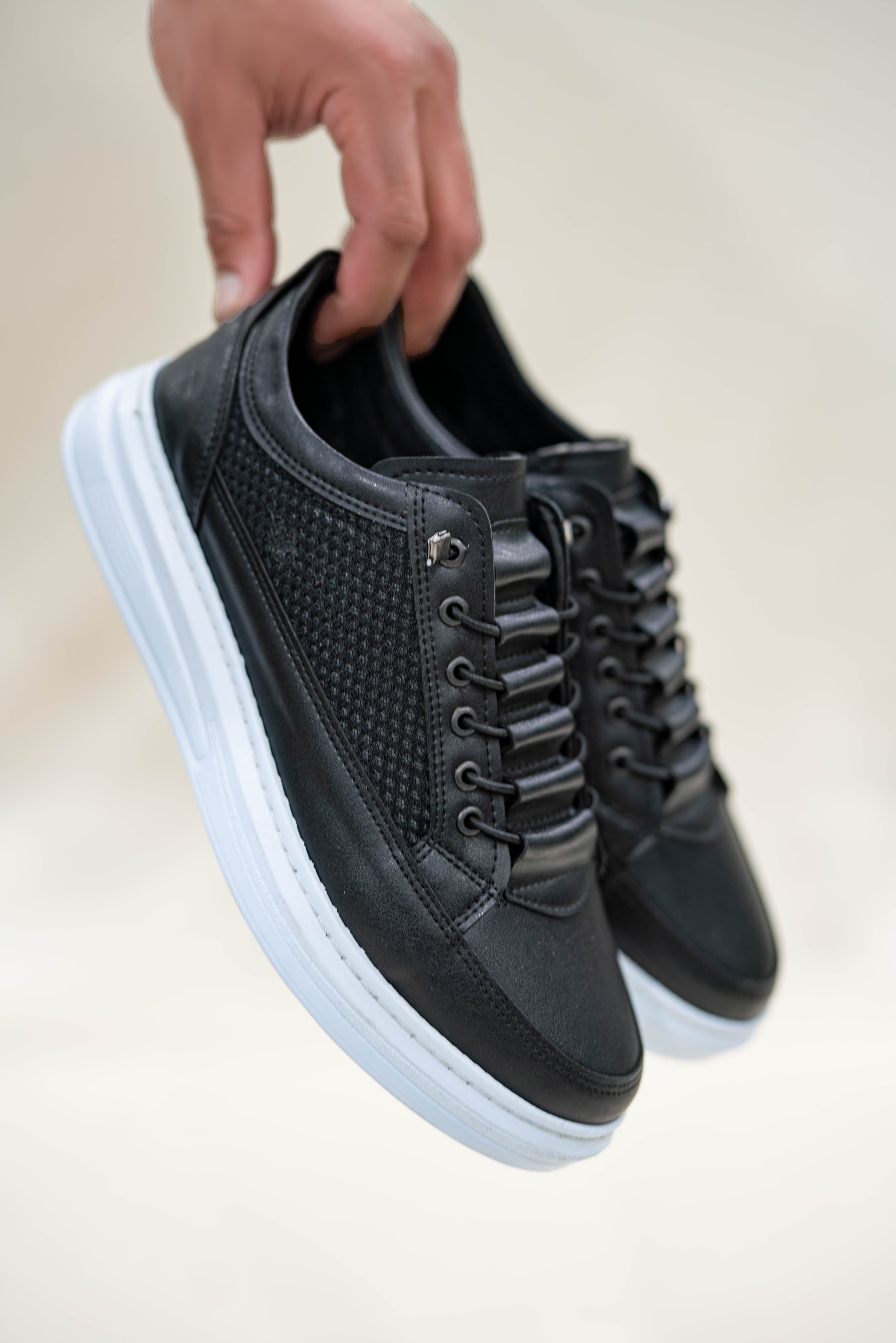 Siyah Beyaz Erkek Fileli Lastikli Günlük Casual Ayakkabı Sneaker Wsb4060