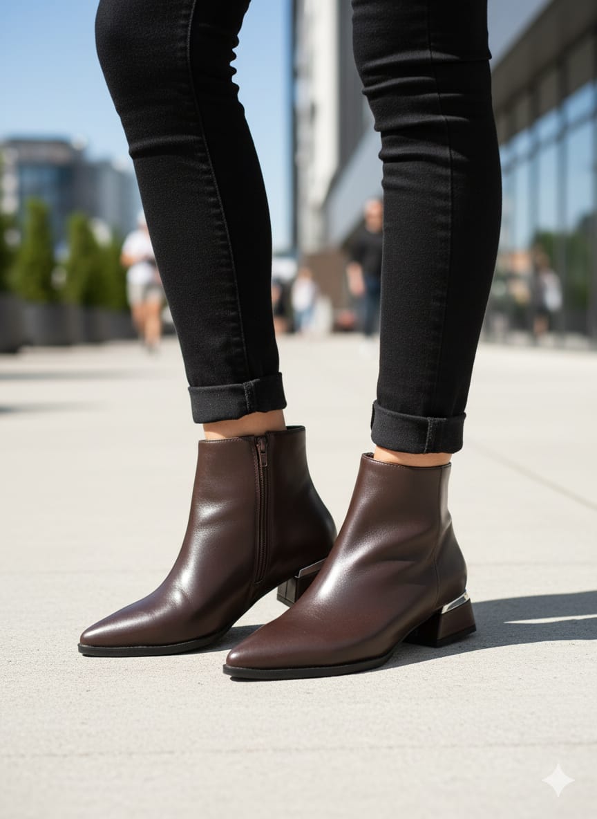 Kadın Kahve Cilt Sade 3 Cm Topuklu Sivri Burun Bot WSB1164