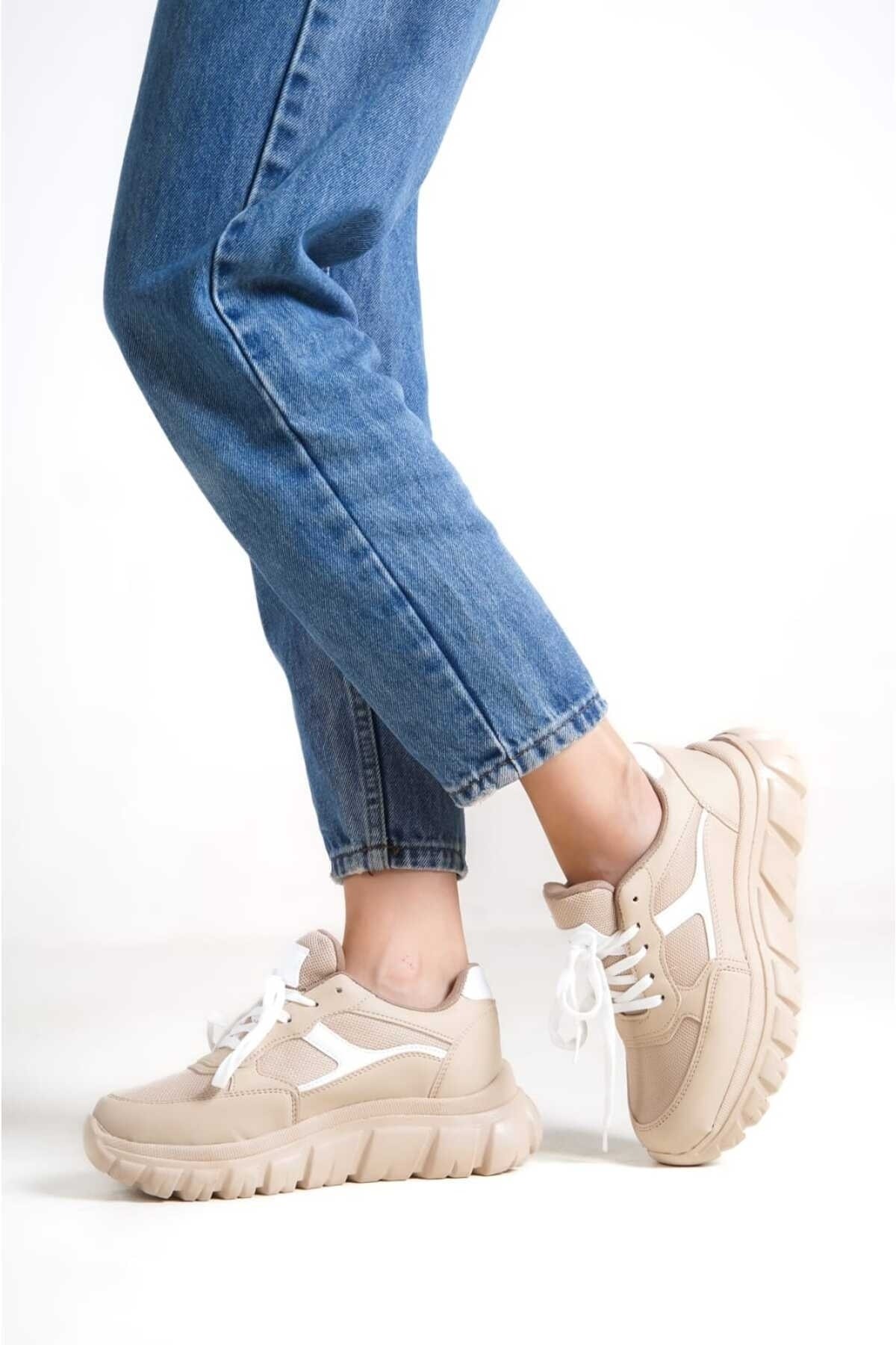 Krem Kadın Bağıcıklı Fileli Günlük Sneaker Spor Ayakkabı Wsb0474