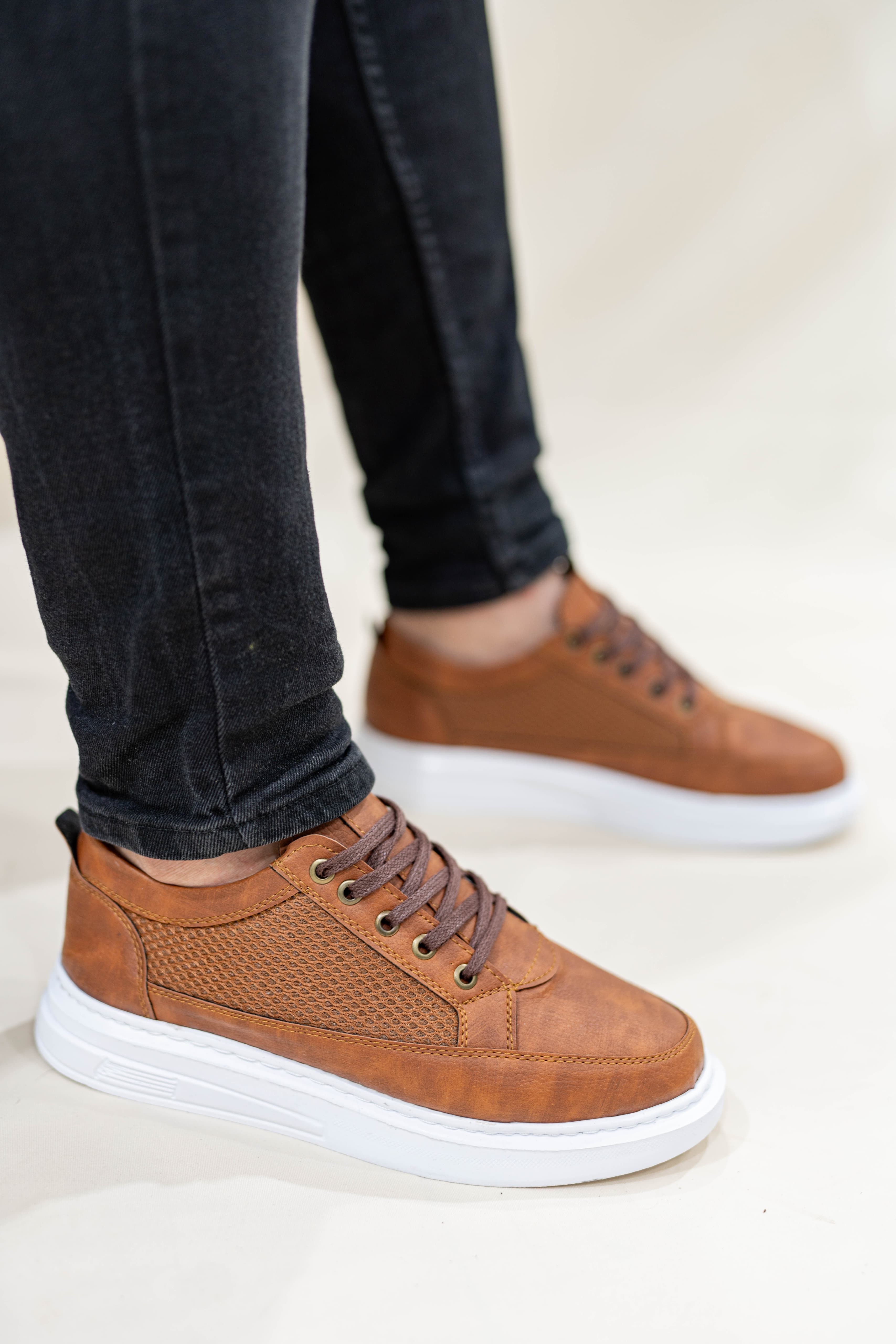Kahverengi Erkek Fileli Bağcıklı Günlük Casual Ayakkabı Sneaker Wsb4058