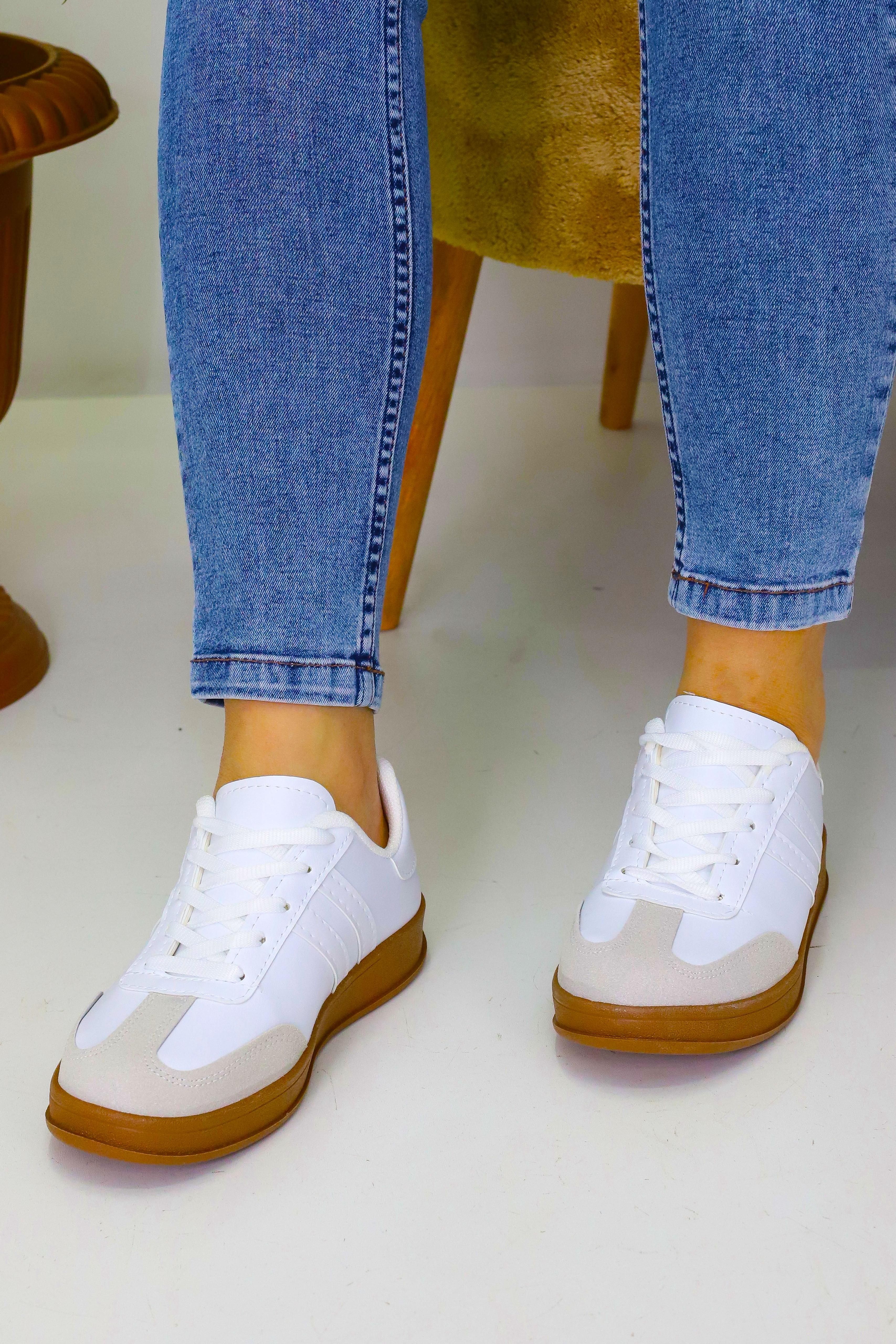 Unisex Beyaz 2 Şeritli Kahve Tabanlı Günlük Spor Ayakkabı WSB4072