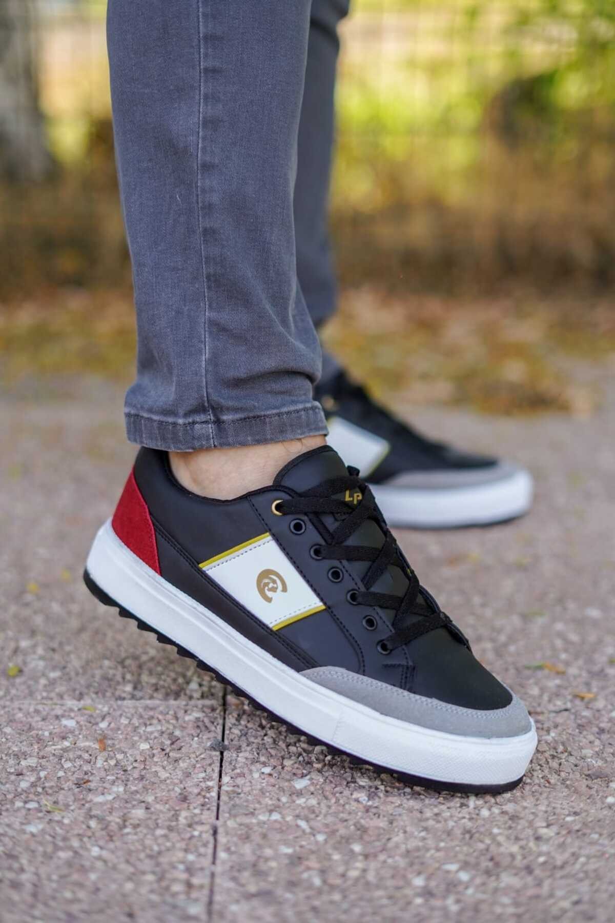 Siyah Kırmızı Erkek Rahat Düz Taban Sneaker Wsb0546