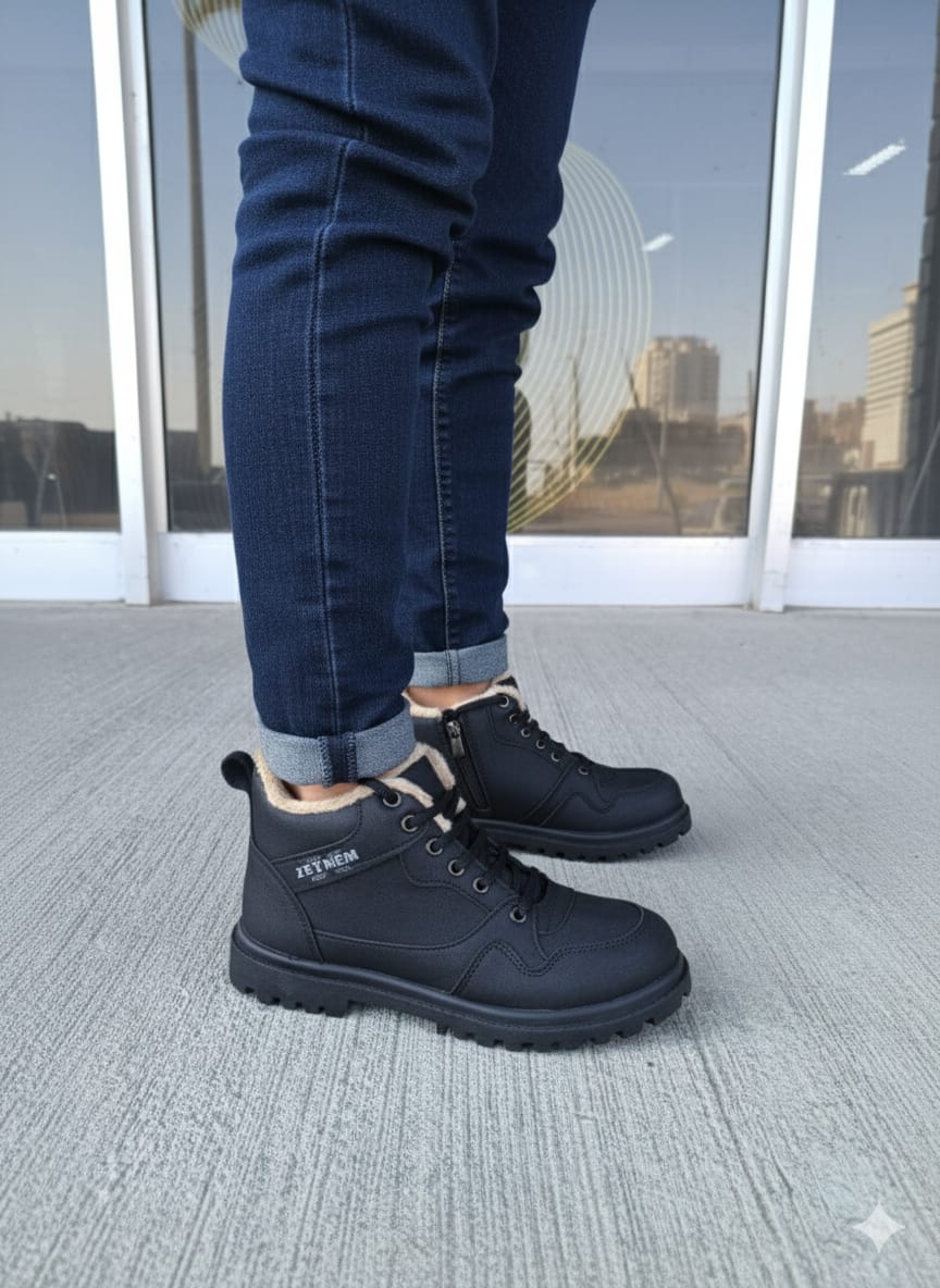 Çocuk Genç Sade Siyah Erkek Kız İçi Yünlü Su Geçirmez Bot WSB0220