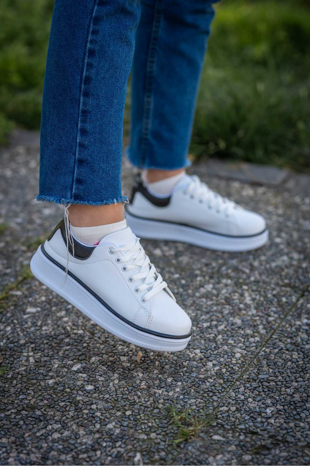 Beyaz Siyah Kadın Yüksek Taban Günlük Rahat Yürüyüş Spor Ayakkabı Wsb0696