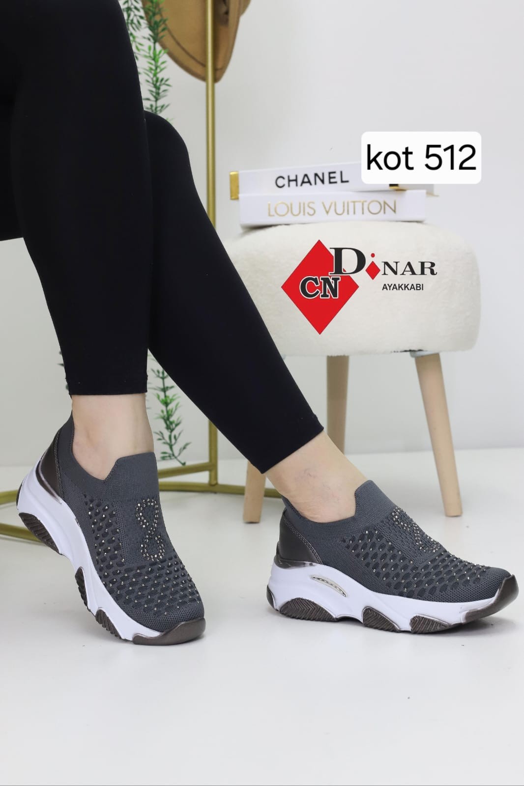 Kadın Gri  Taşlı & Triko 10 cm Gizli Topuk Spor Ayakkabı WSB4088