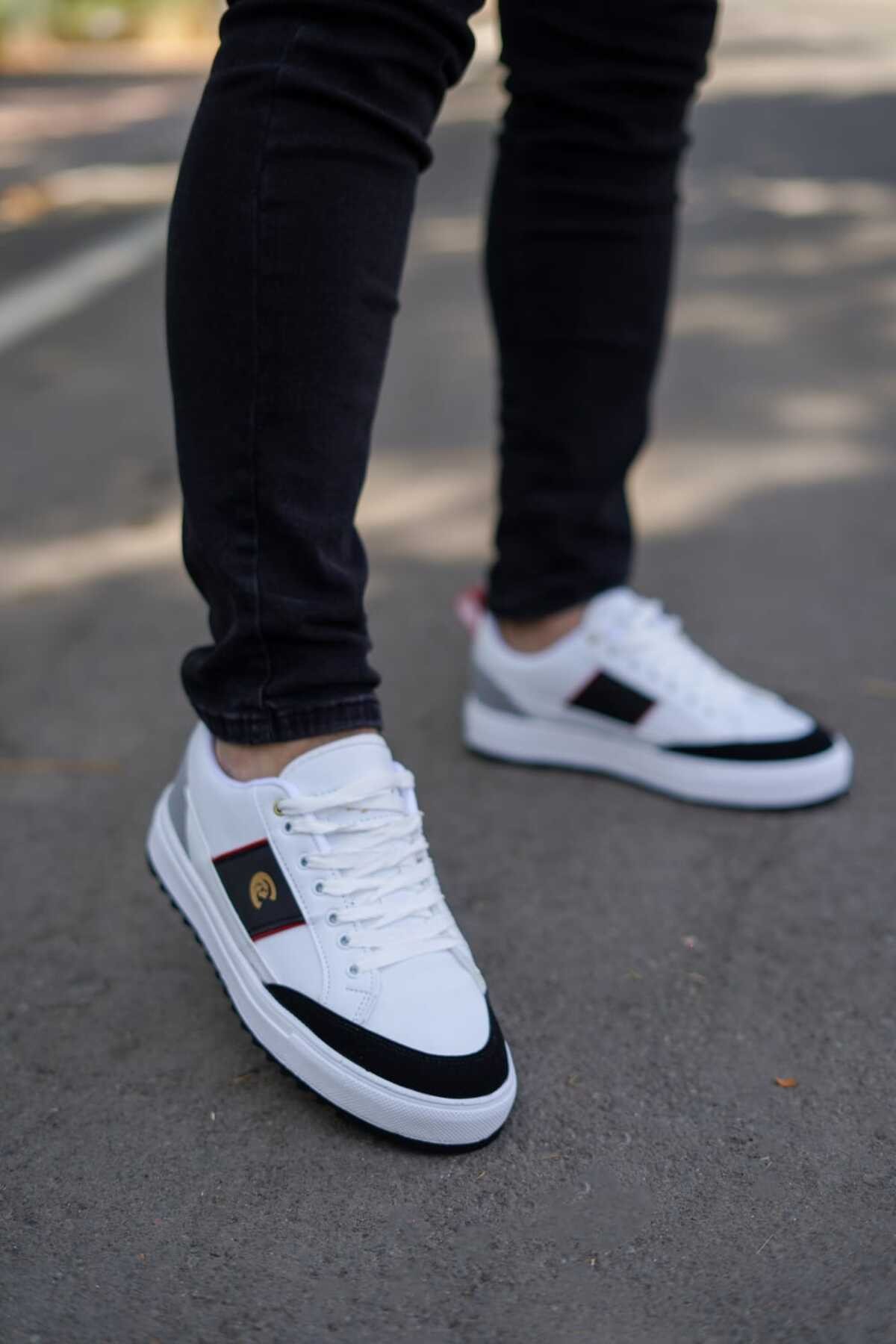 Beyaz Siyah Erkek Rahat Düz Taban Sneaker Wsb0546