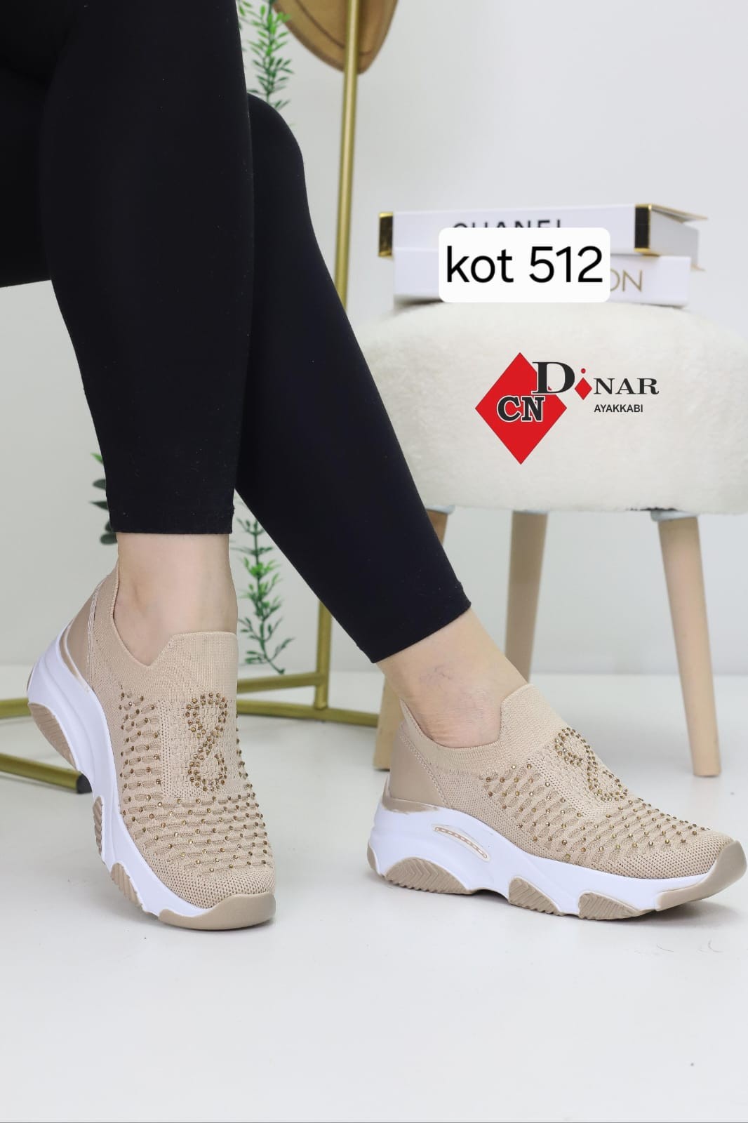 Kadın  Krem Taşlı & Triko 10 cm Gizli Topuk Spor Ayakkabı WSB4088