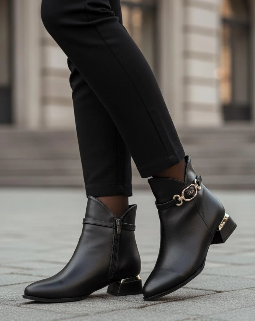 Kadın Siyah Cilt Tokalı 3 Cm Topuklu Su Geçirmez Kısa Bot WSB1154