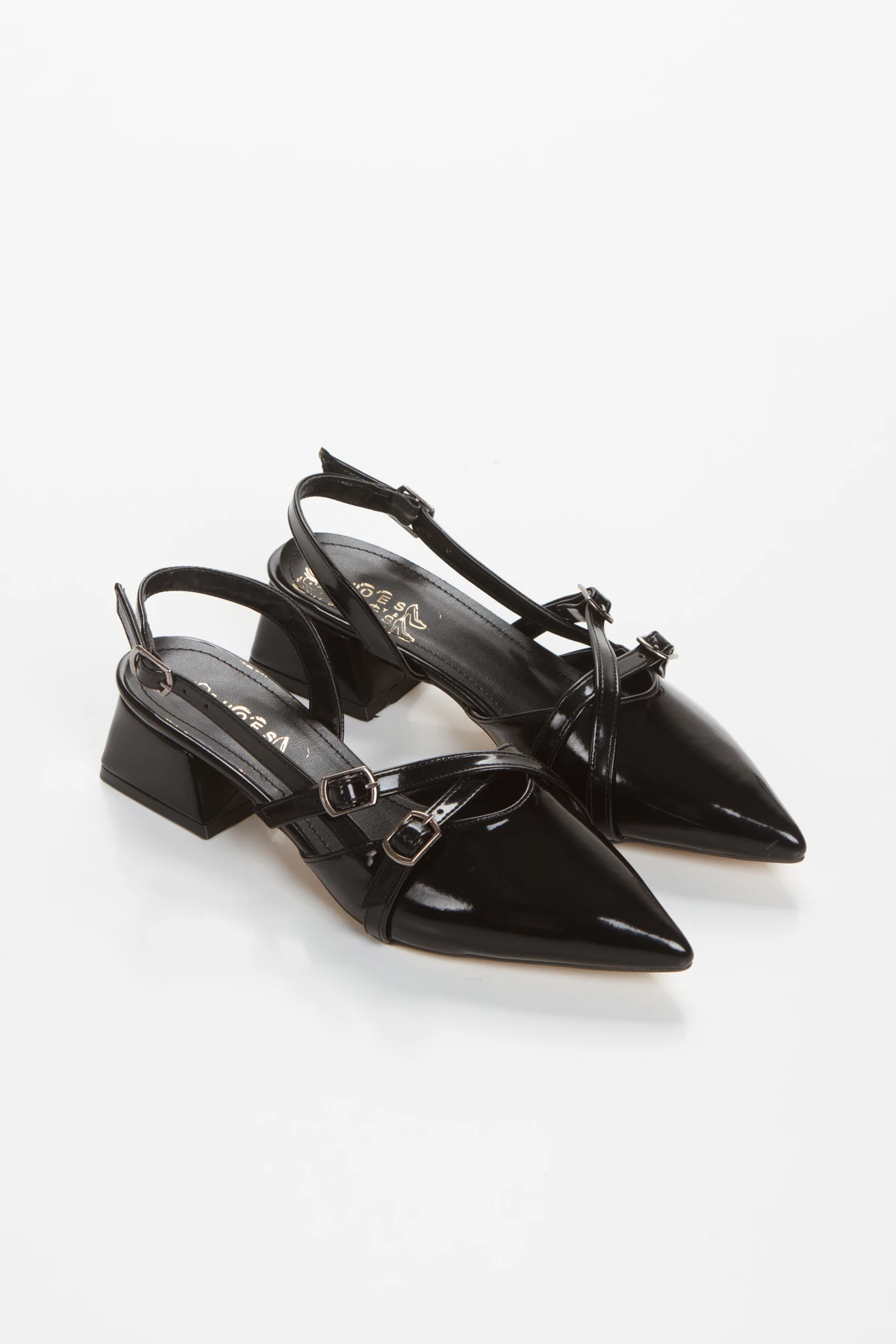 Kadın Siyah Rugan Çift Toka 4 Cm Topuklu Günlük Klasik Ayakkabı WSB3042