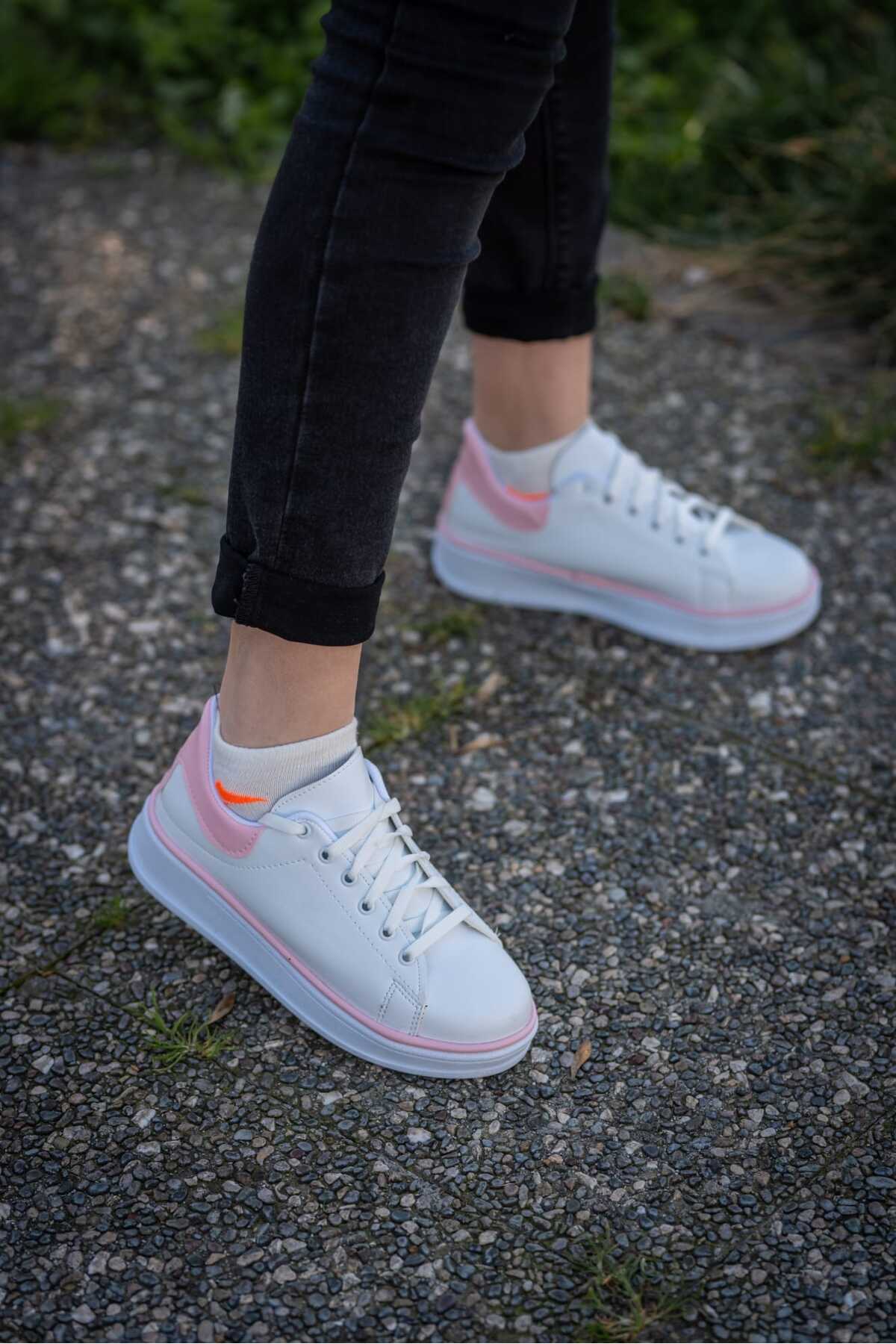 Beyaz Pembe Kadın Yüksek Taban Günlük Rahat Yürüyüş Spor Ayakkabı Wsb0696