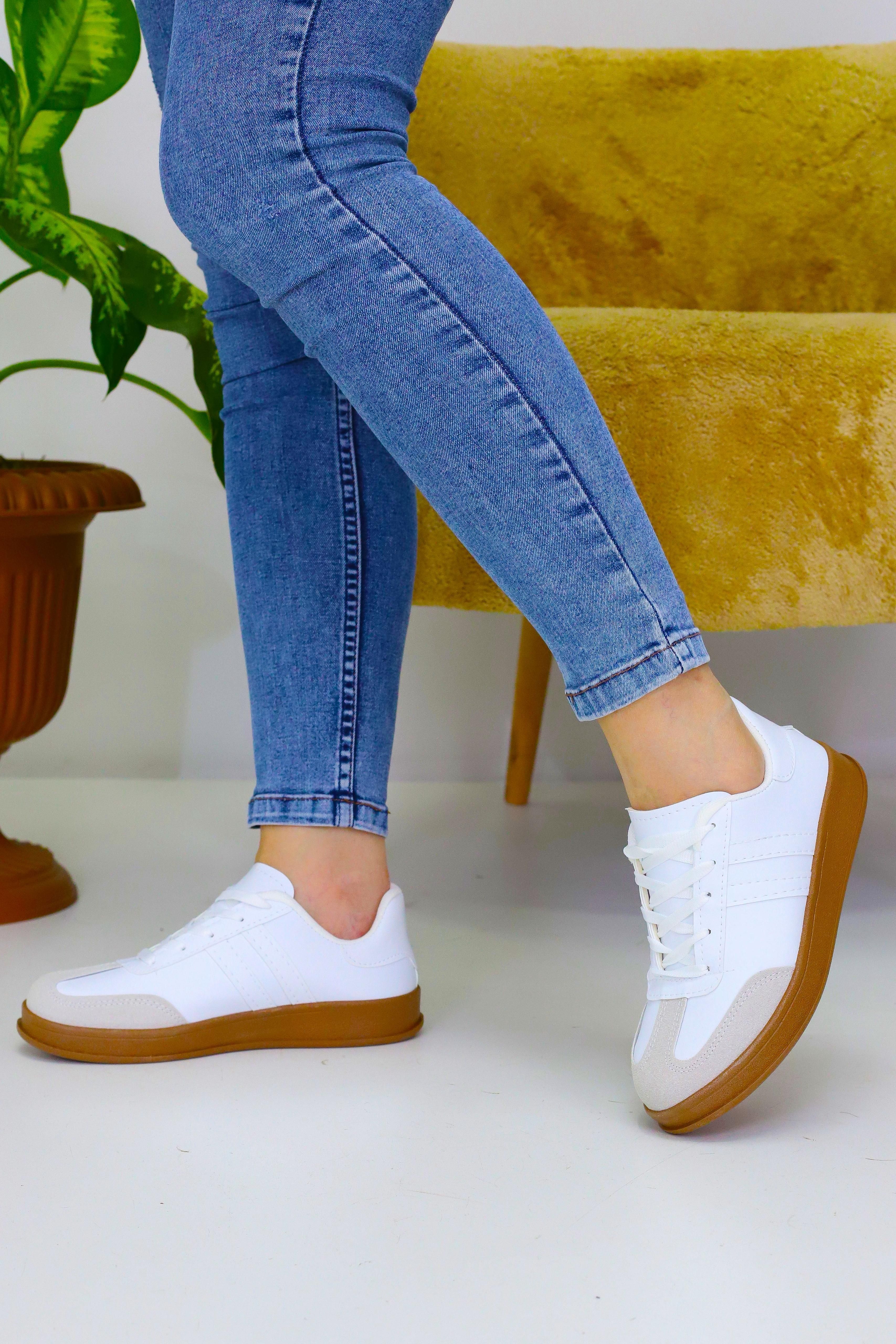 Unisex Beyaz 2 Şeritli Kahve Tabanlı Günlük Spor Ayakkabı WSB4072