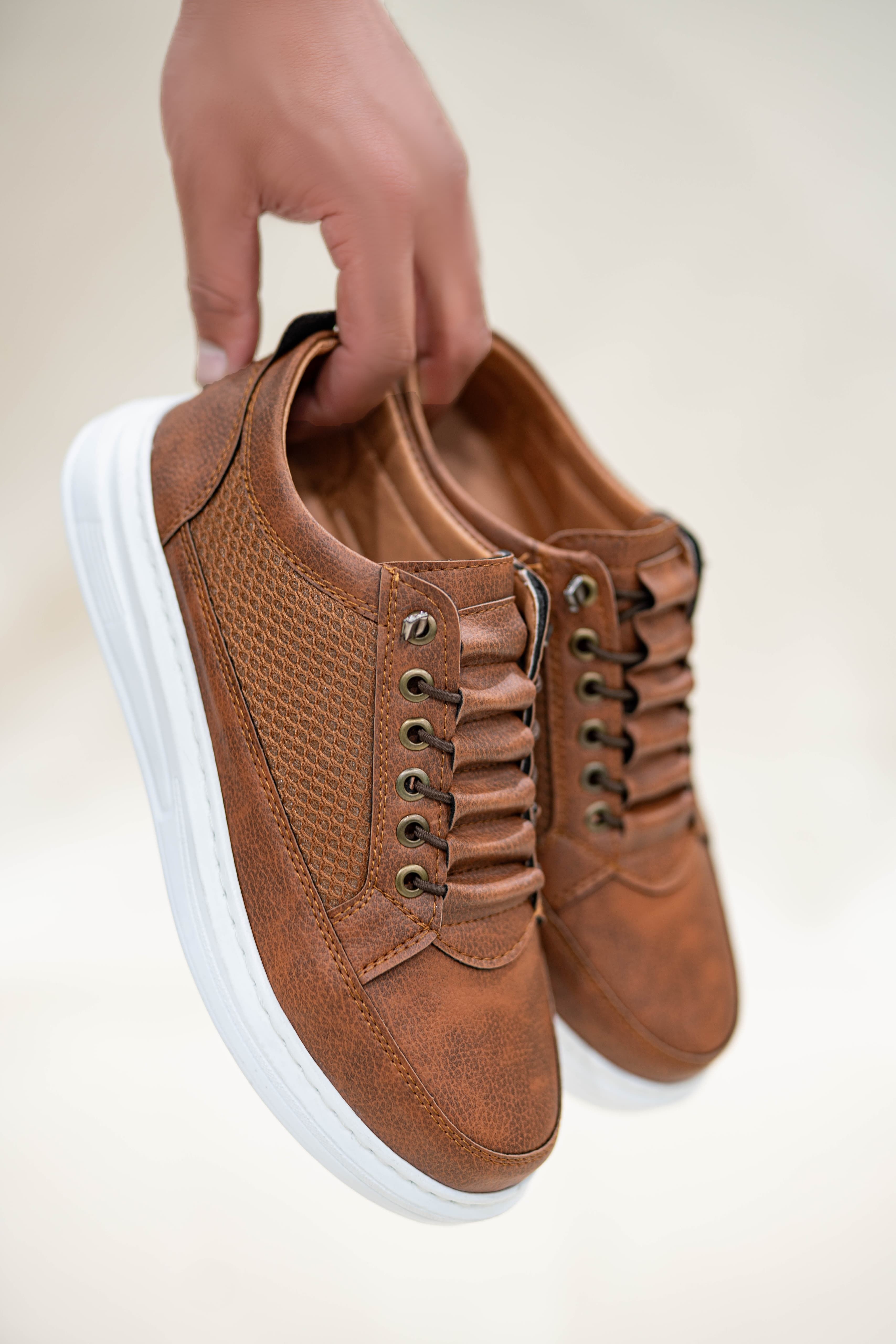 Taba Beyaz Erkek Fileli Lastikli Günlük Casual Ayakkabı Sneaker Wsb4060