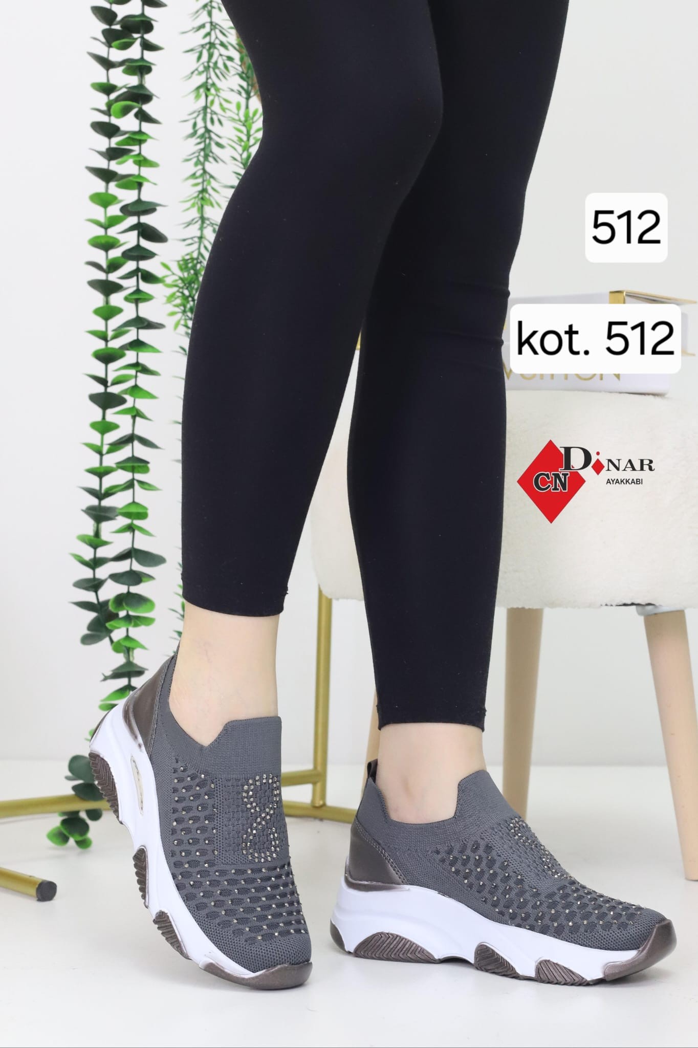 Kadın Gri  Taşlı & Triko 10 cm Gizli Topuk Spor Ayakkabı WSB4088