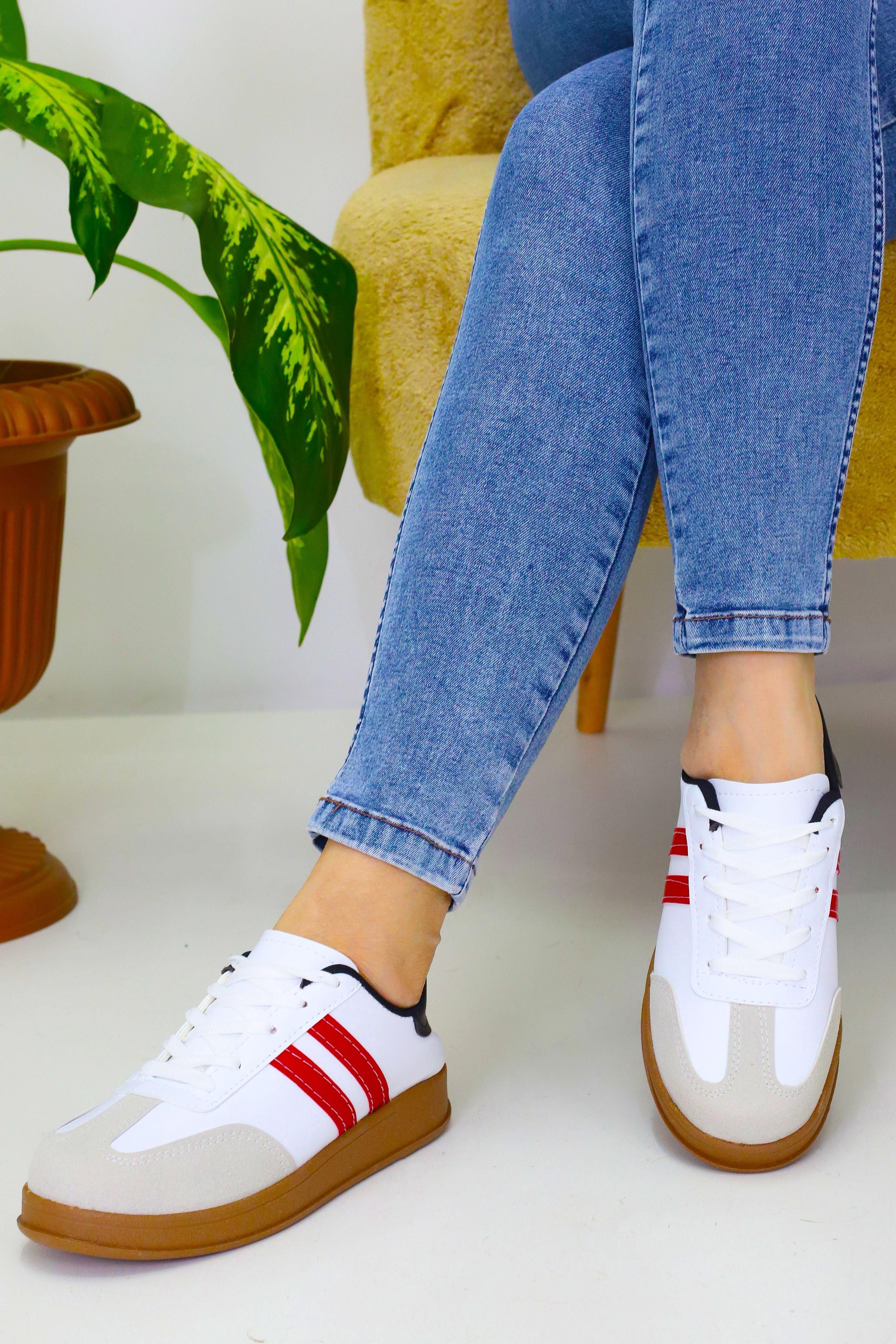 Unisex Kırmızı 2 Şeritli Kahve Tabanlı Günlük Spor Ayakkabı WSB4072