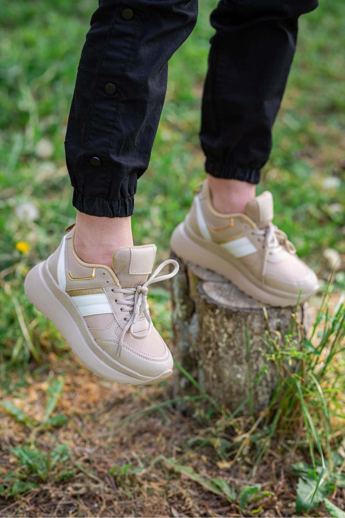 Krem Kadın Hafif Simli Günlük Rahat Sneaker Wsb0936
