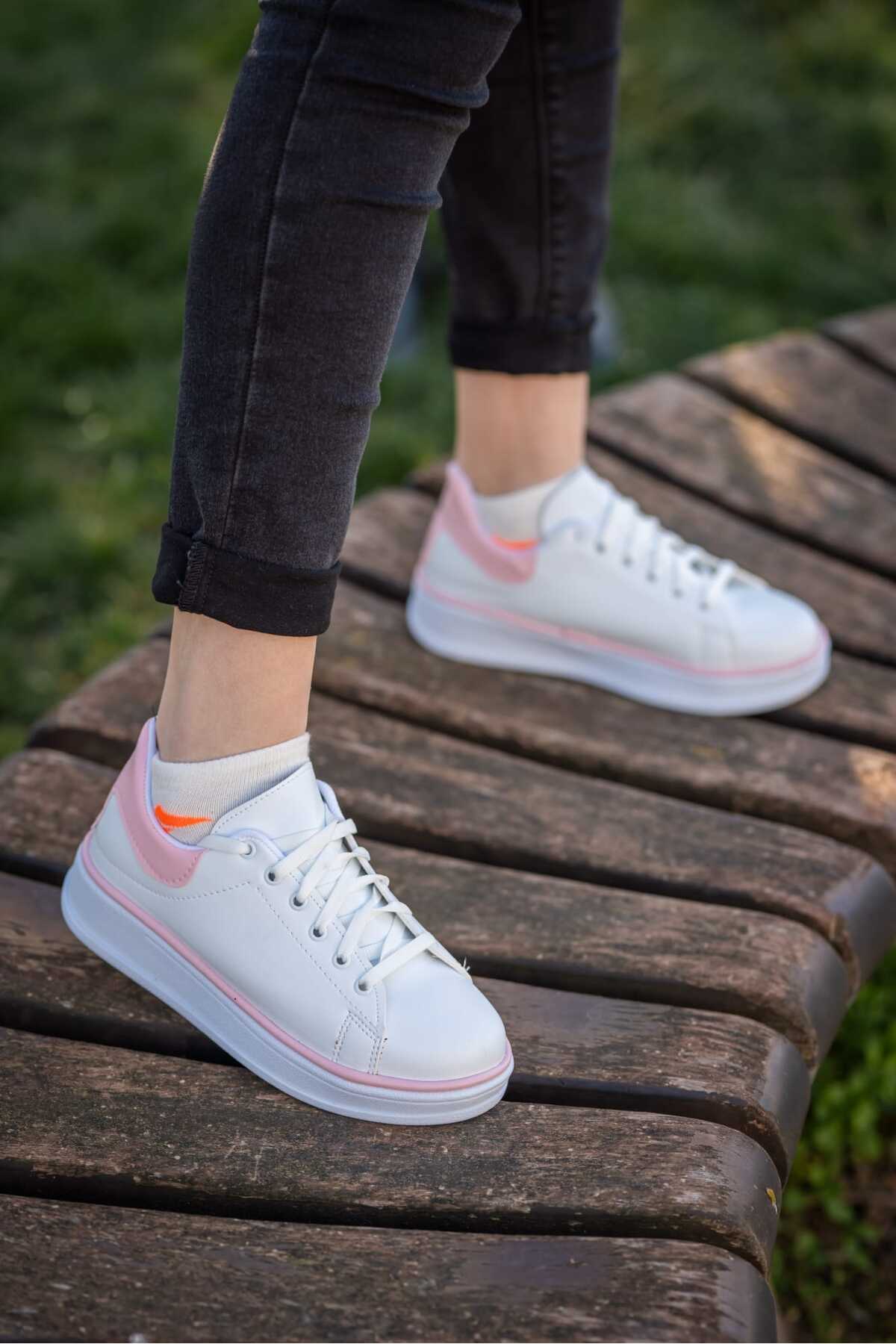 Beyaz Pembe Kadın Yüksek Taban Günlük Rahat Yürüyüş Spor Ayakkabı Wsb0696