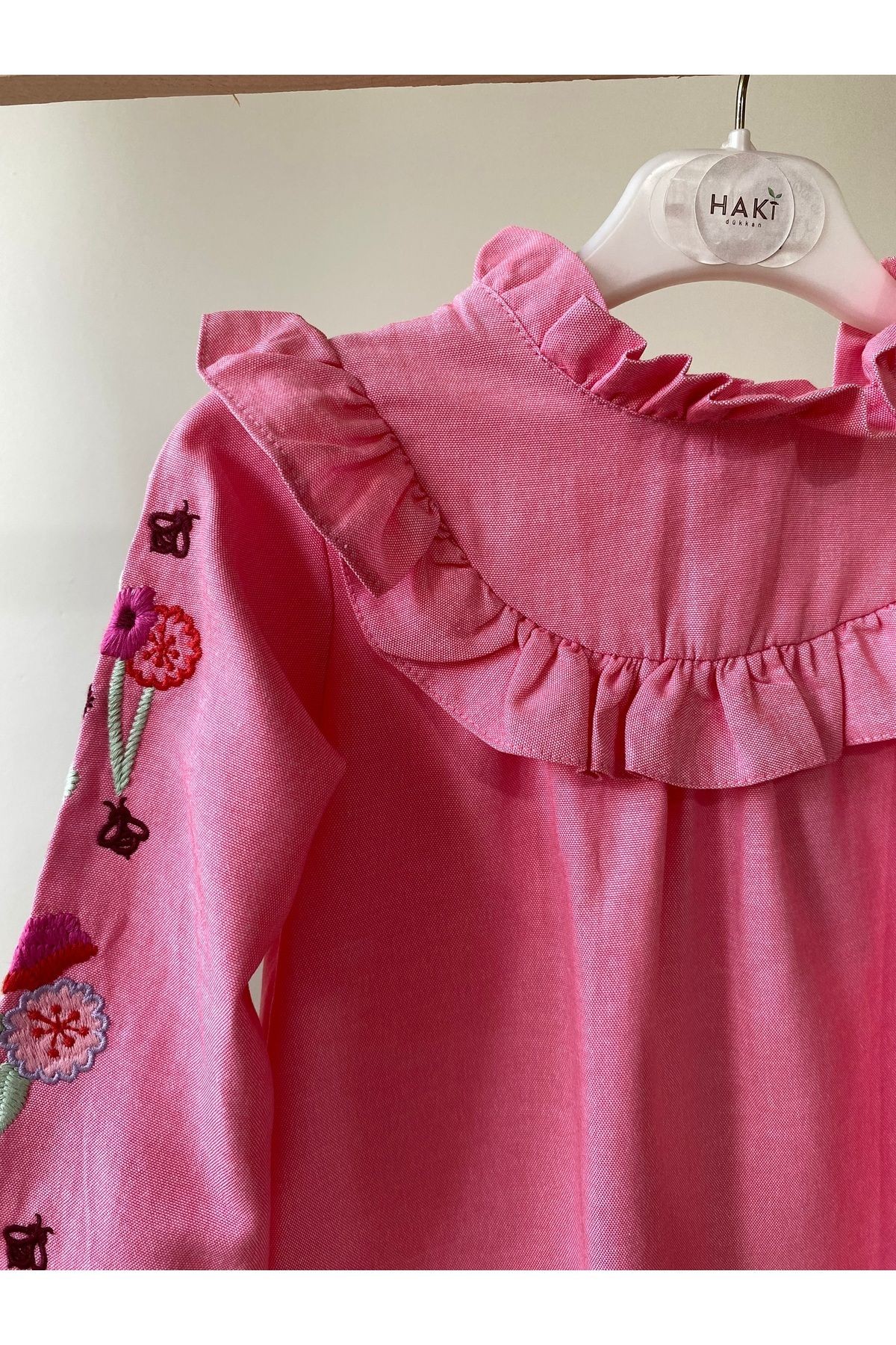 Pembe Nakışlı Uzun Kollu Kız Çocuk Elbise