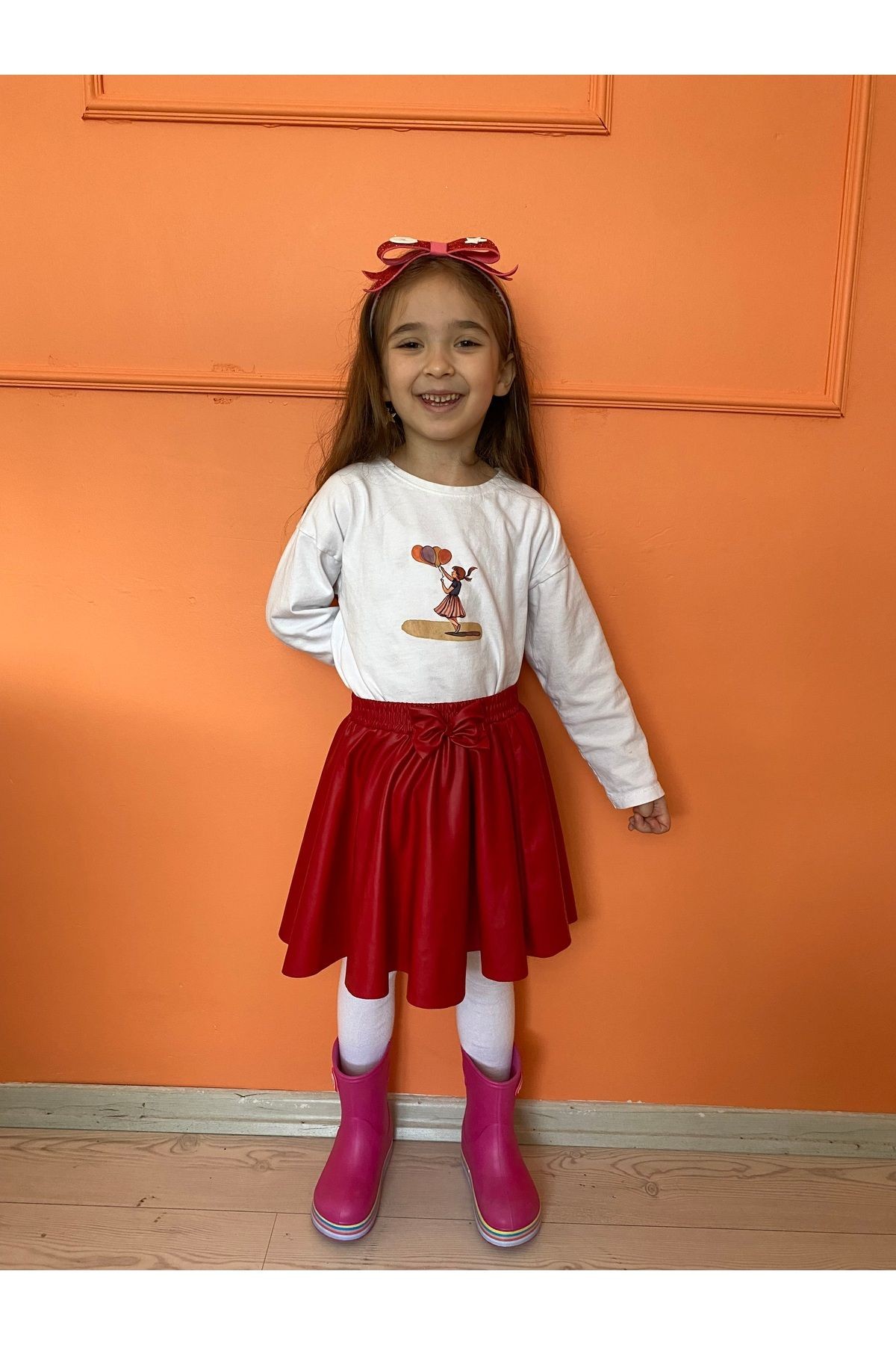 Deri Görünümlü Kız Çocuk Kırmızı Etek