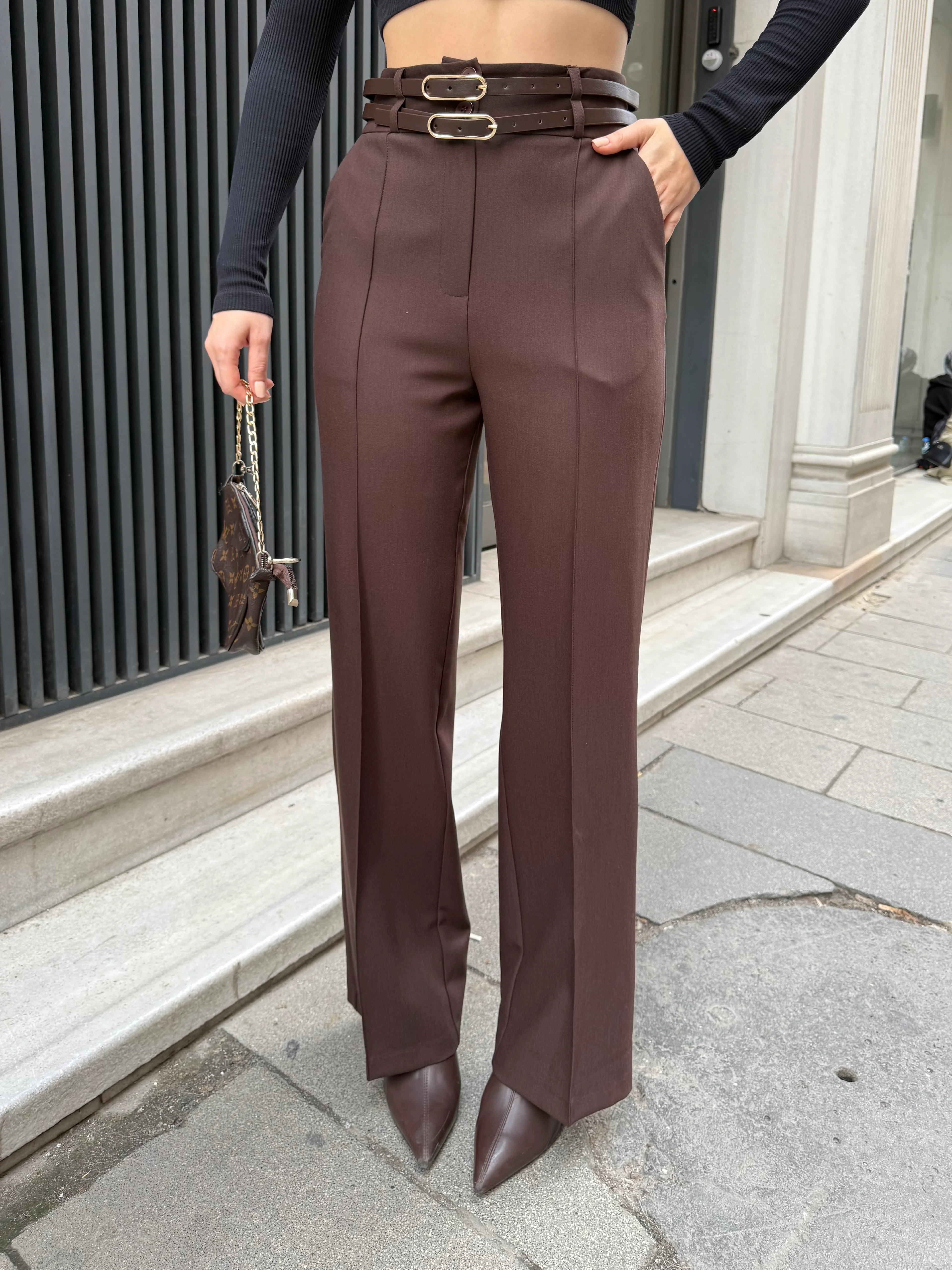 Çift Kemerli Nervürlü Şık Pantolon