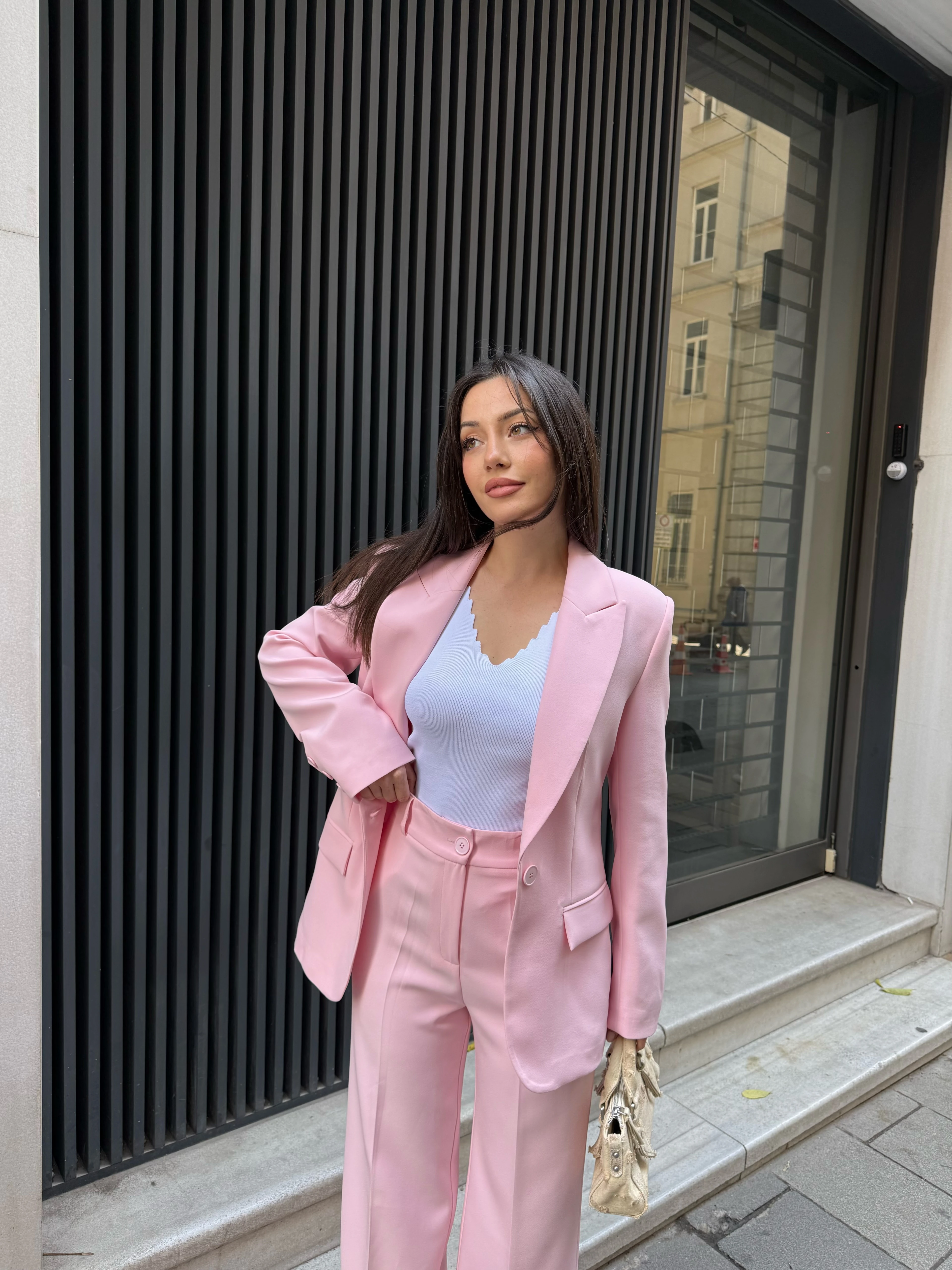 Blazer Takım Elbise Tek Düğme Ceket Pantalon - şeker pembe