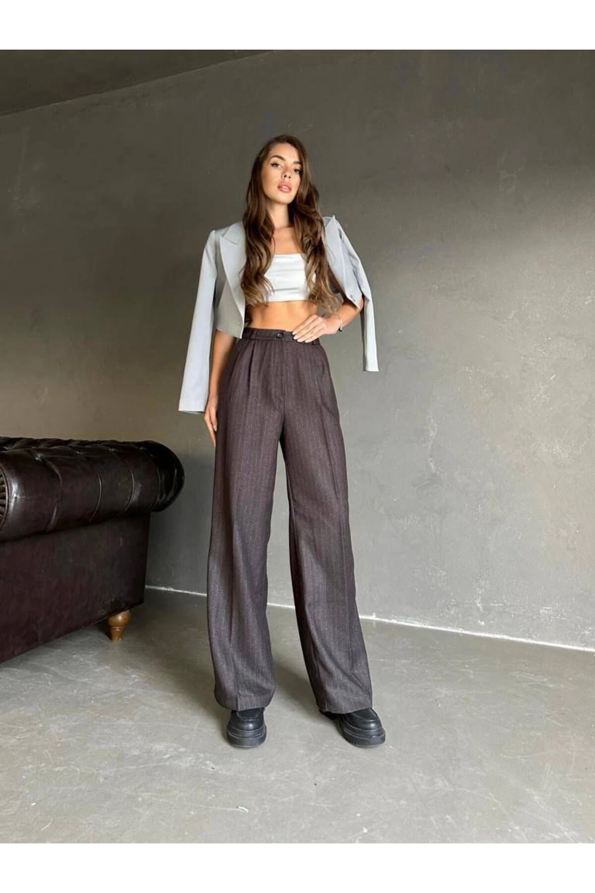 KLASİK ÇİZGİLİ YÜNEFEKT YÜKSEK BEL PALAZZO PANTOLON 4073
