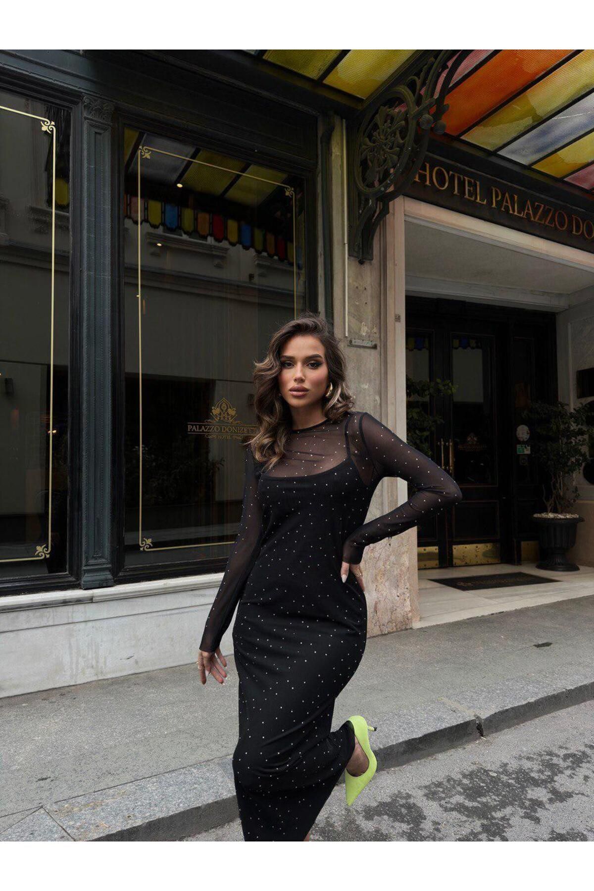 Komple Taşlı Tül Elbise