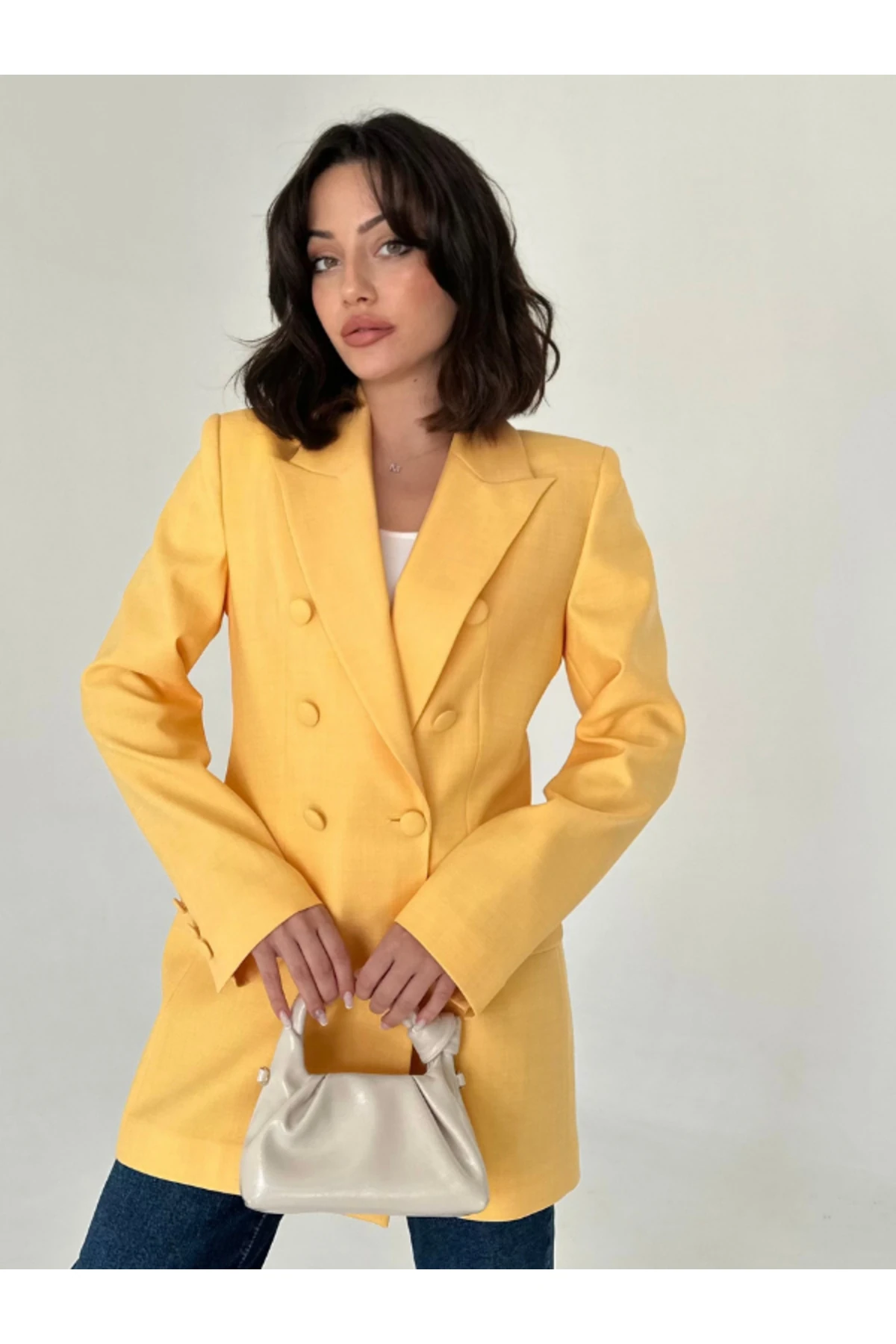 Kaplama Düğmeli uzun Blazer Ceket - papatya sarisi