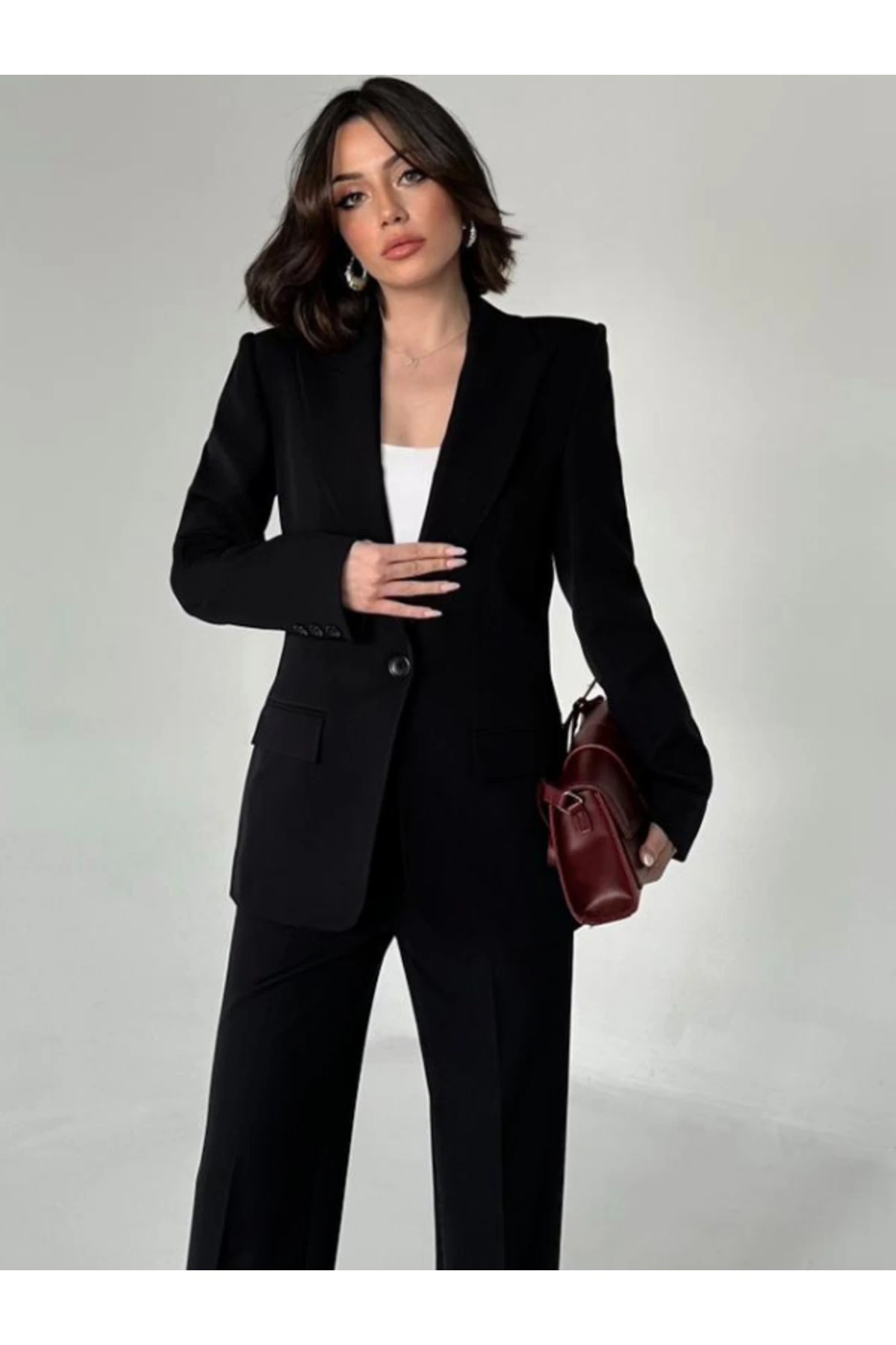 Blazer Takım Elbise Tek Düğme Ceket Pantalon - simsiyah