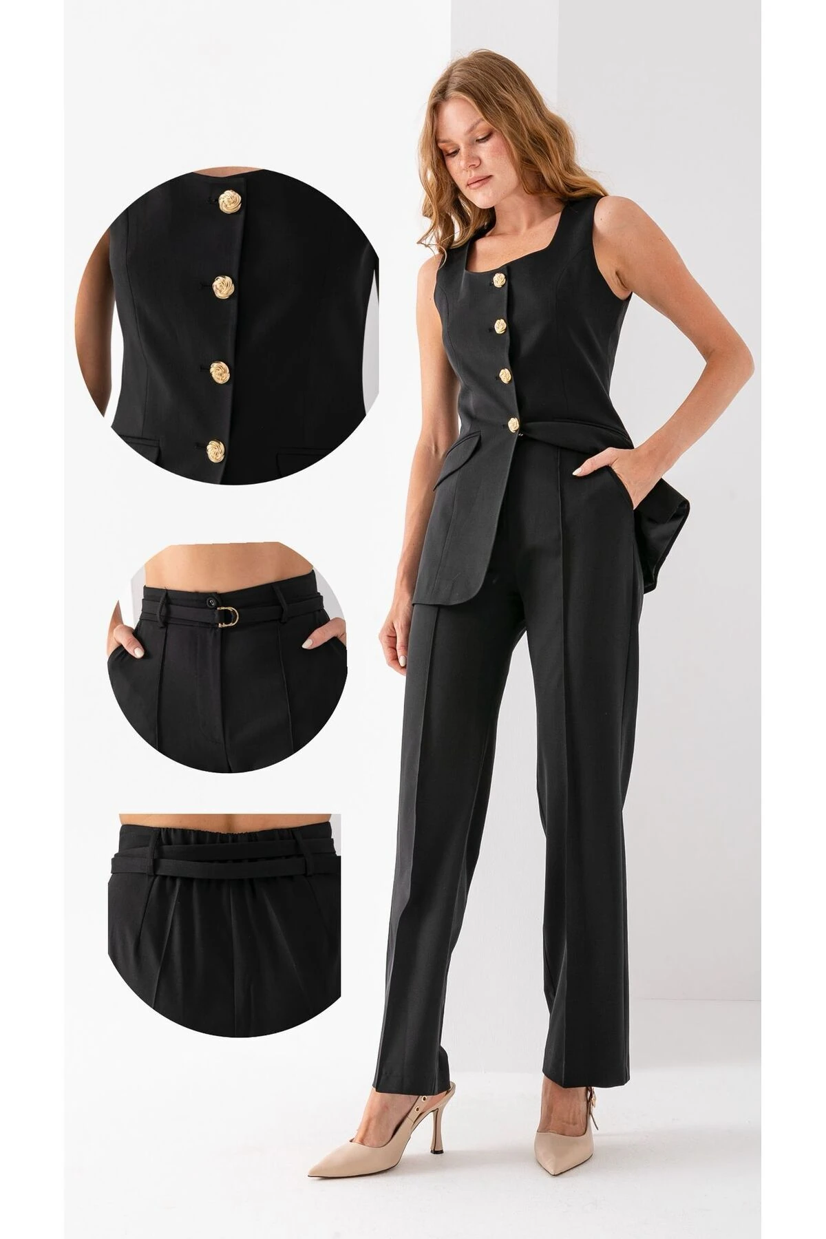 Metal Düğmeli Yelek İkili Takım - siyah
